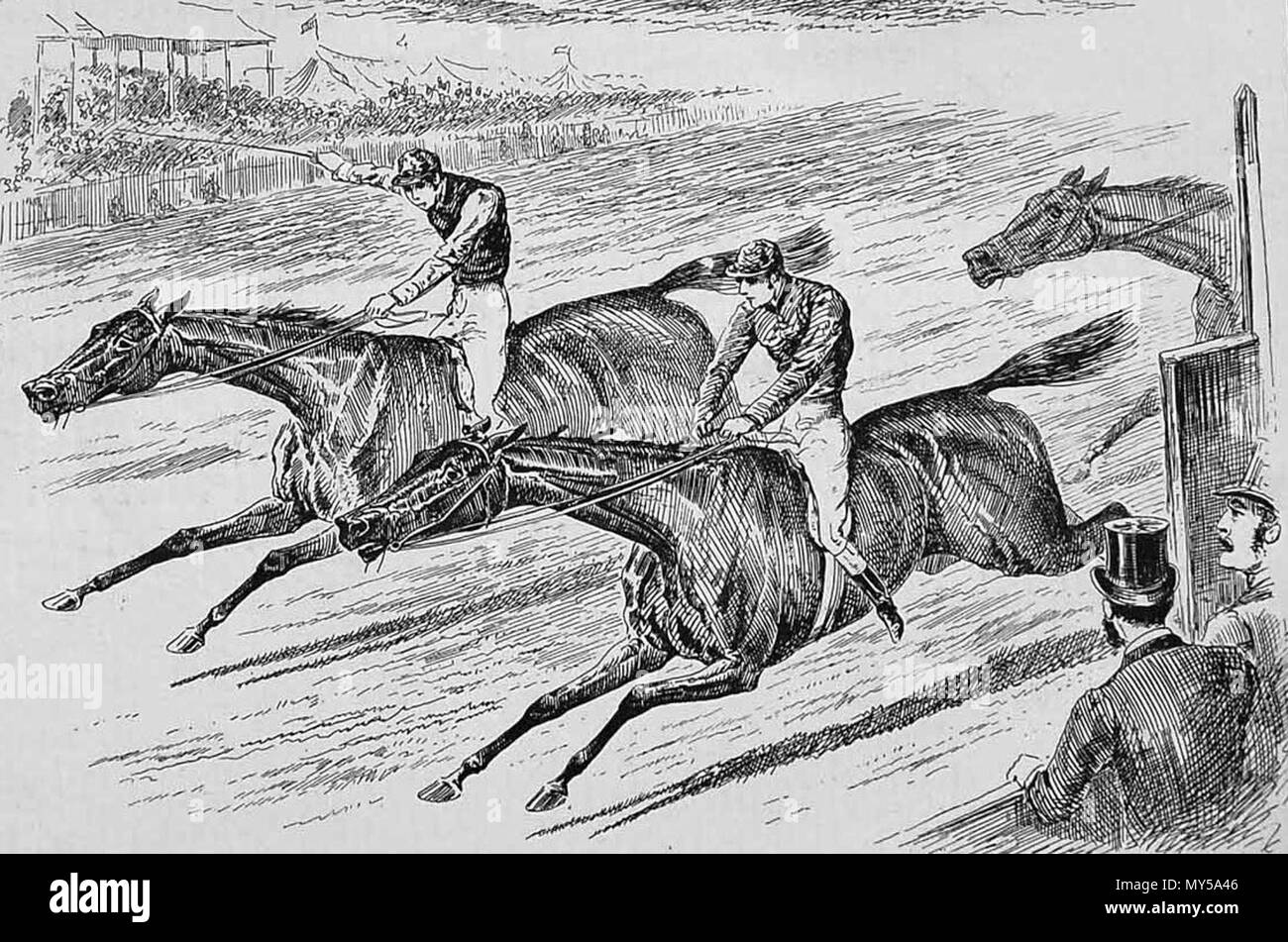 . Deutsch: Das Ende der 1884 Epsom Oaks, Wichtigtuer beats Superba. Von Illustrated London News Mai 1884. 17 Januar 2011, 11:16:24. Illustrated London News, Personal Künstler 9 1884 Eichen Stockfoto