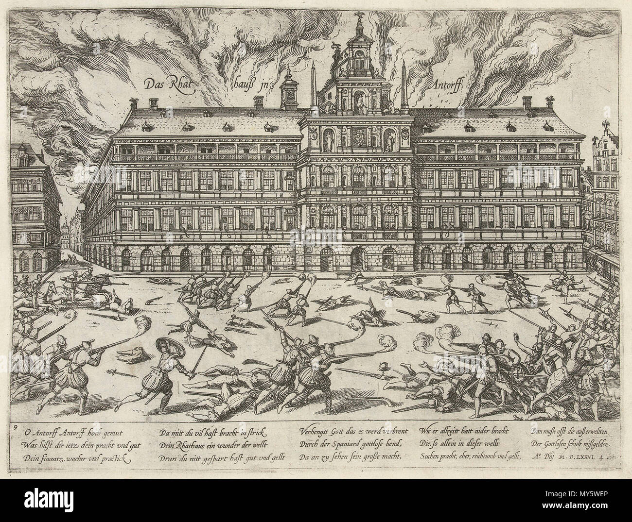 . Englisch: Der Grote Markt in Antwerpen Sack durch Spanisch 1576. Español: Incendio del Ayuntamiento de Amberes (Antwerpen) en 1576 Durante el gladiador de las tropas españolas. s. Xvi. Franz Hogenberg 256 Incendio Ayuntamiento Amberes Stockfoto