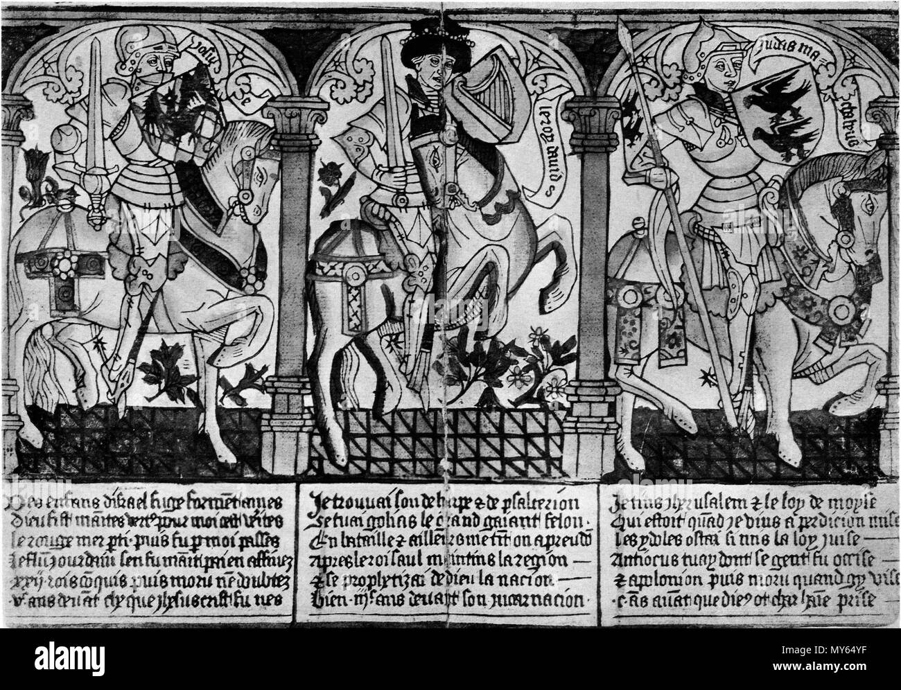 . Einblattholzschnitte der 9 Helden, eingeklebt in Cod. Bern 45. Aus: Robert L. Wyß: Die neun Helden. Eine ikonographische Studie. In: Zeitschrift für Schweizerische nach 1550 und / 17 (1957), Taf. 27-29. um 1460/80. Unbekannt 140 Sterben neun Helden-Drei juedische Helden 2 Stockfoto