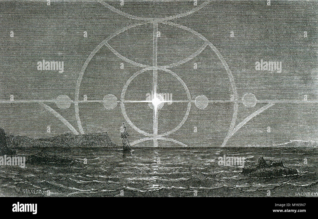 . Englisch: eine komplizierte halo Phänomen mit vier Parhelia und eine Reihe von Bögen um die 22°-Achse. 1888. Unbekannt 228 Halo mit vier Sonnen Stockfoto