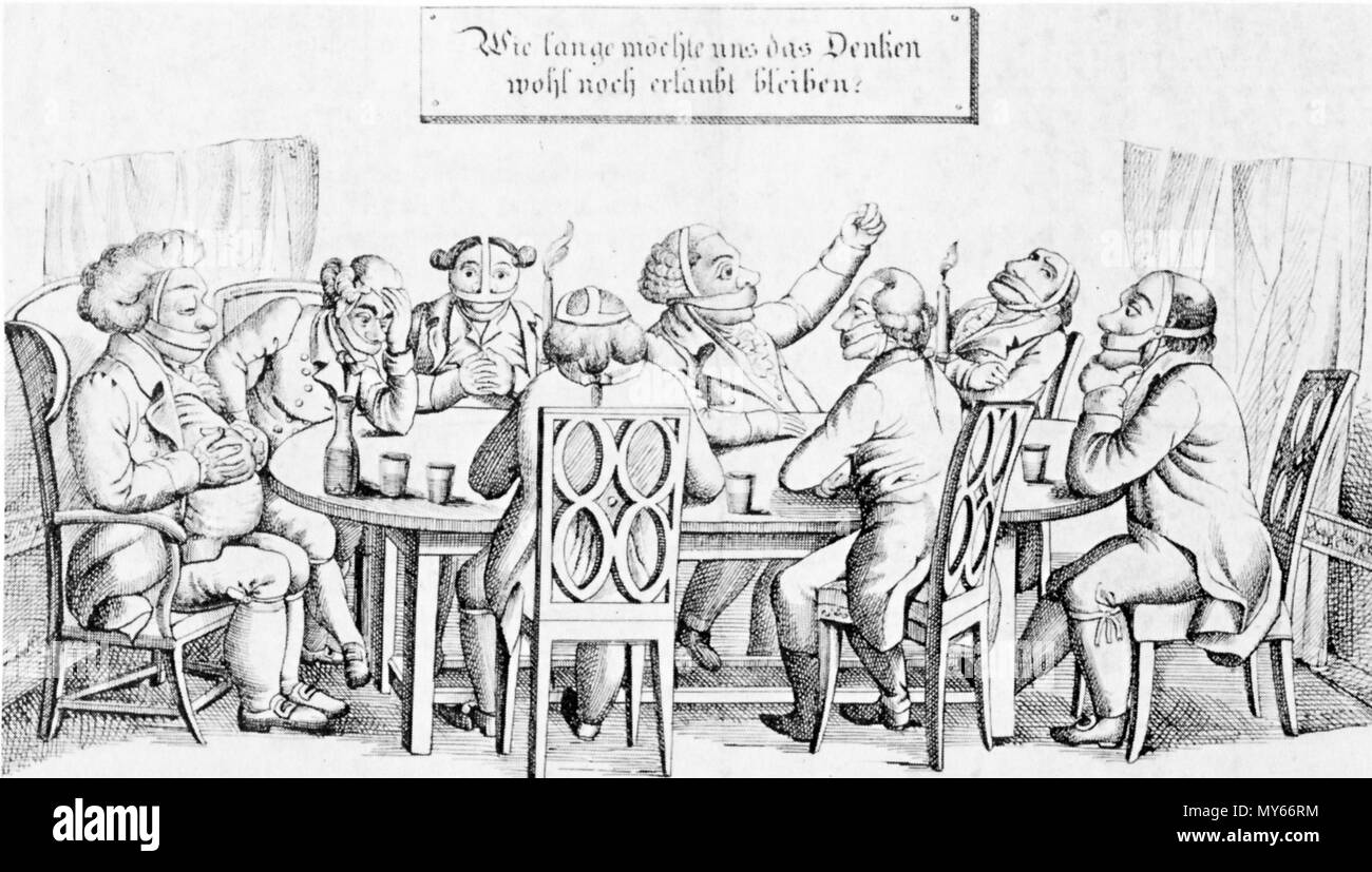. English: Zeitgenössische schweizerische Literaturgeschichte aus liberaler Sicht in das Luzerner Pressegesetz von 1829. Die Vorlage dazu bot die deutsche Literaturgeschichte in die Karlsbader Beschlüsse um 1820 mit der Bezeichnung "Der Denker-Club":. Auf dem Schild steht der Text 'Wie lange Ben uns das Denken wohl noch erlaubt bleiben?" Englisch: Zeitgenössische Schweizer Karikatur gegen die neuen Gesetze die Freiheit der Presse in Luzern 1829 beschränken. Geben Sie den Text in das Feld lautet: "Wie lange werden wir erlaubt, zu denken?". Diese Karikatur ist auf eine frühere Deutsche Version gegen den Carlsbad Dekrete, 1820. 1829 Stockfoto