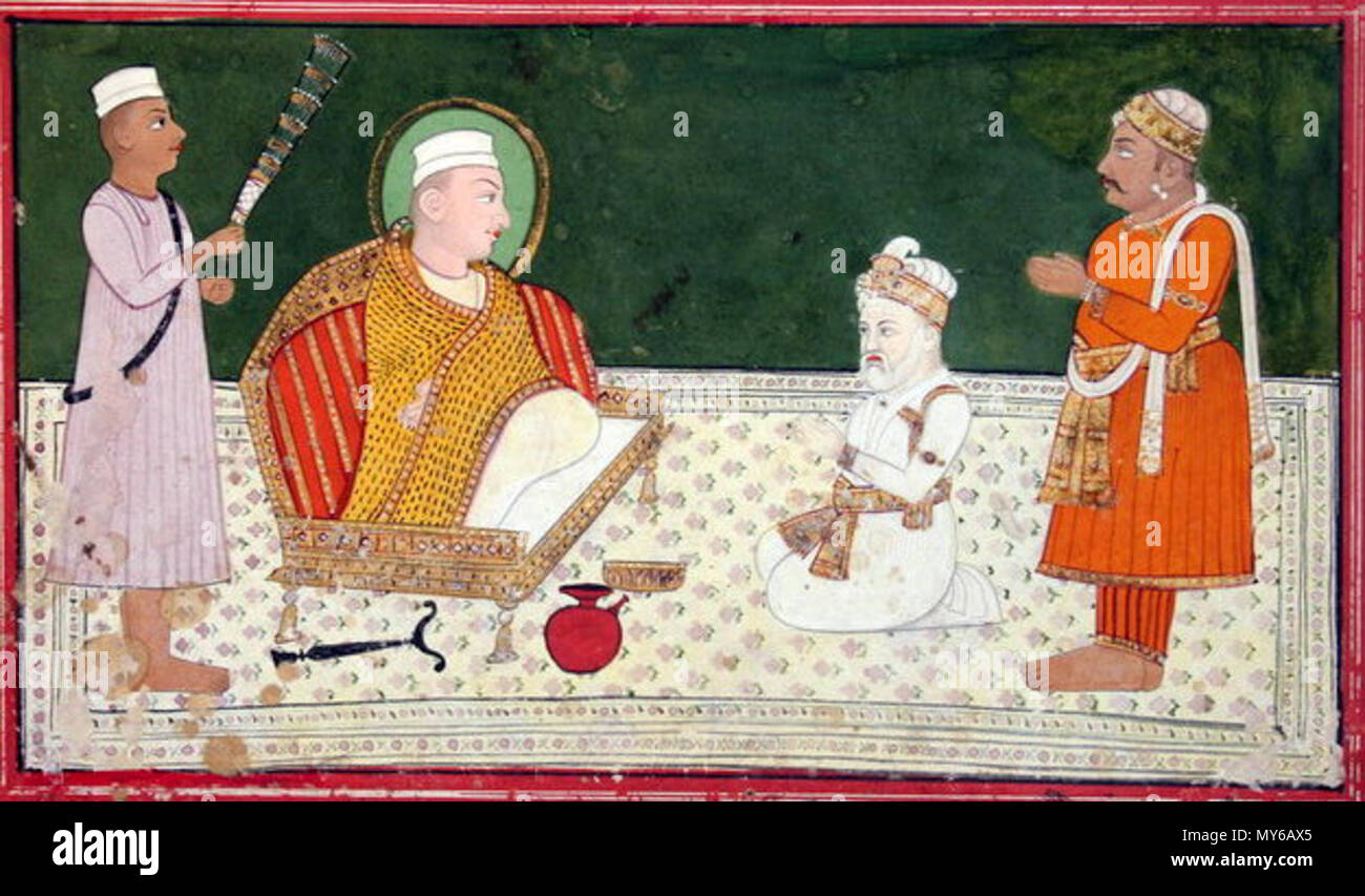 . Englisch: 'Mughal Kaiser Akbar zeigt Ehrerbietung zu Sufi-heiligen Scheich Salim Chishti. Bikaner'. ca. Ende des 18. und frühen 19. Jahrhundert. Unbekannt 74 Bikaner Akbar Sheikh-Salim - Chishti 25811 700w Stockfoto