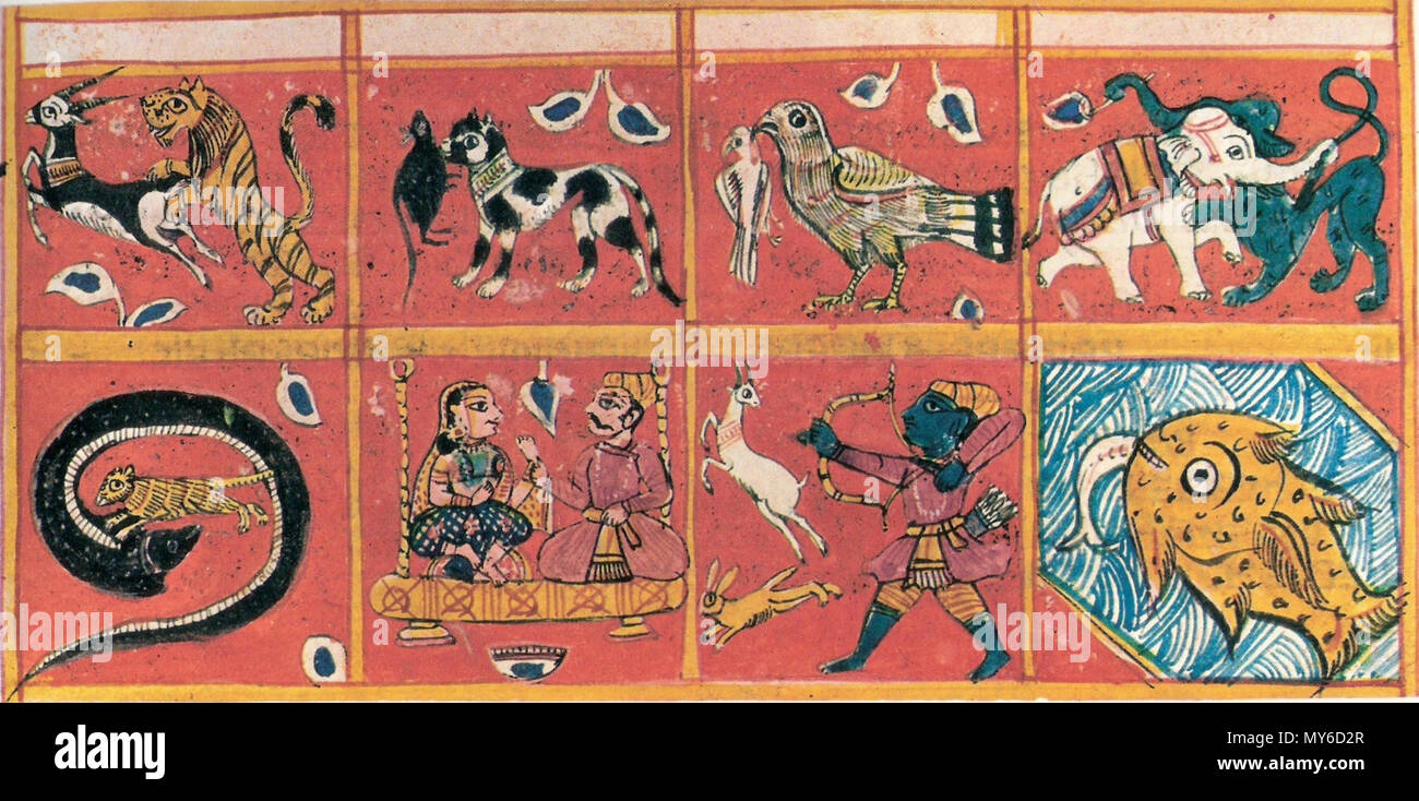 . Englisch: Gewalt (Himsa) Gouache auf Papier, XVII Jahrhundert, Gujarat. Zeigt Tiere der Beute mit ihren Opfern. Das fürstliche Paar symbolisiert Liebe, das ist ein weiterer Anlass für Gewalt. 21. März 2012. Unbekannt 137 Darstellung von Gewalt in Gujarat Stockfoto