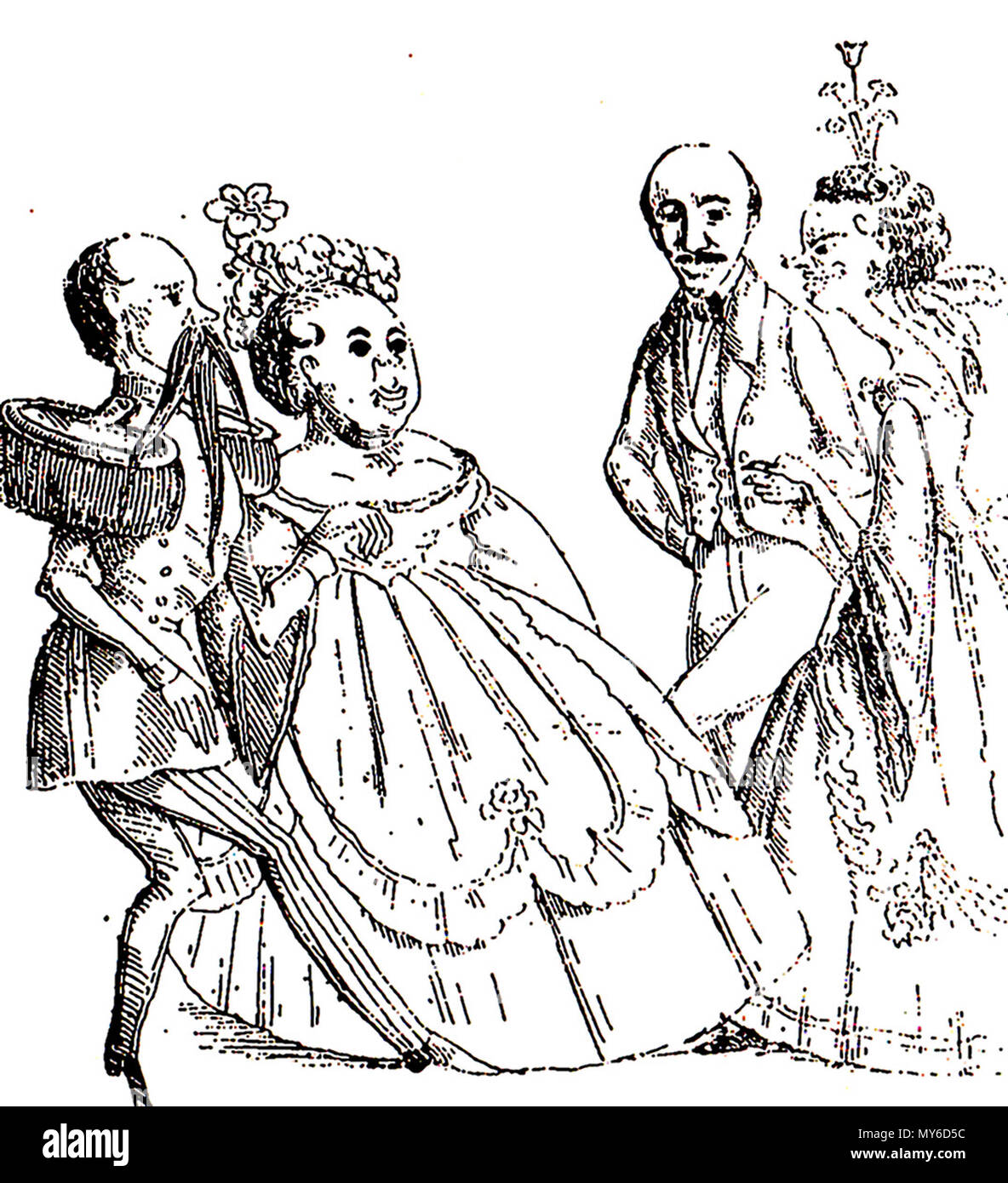 . Englisch: Politische Karikatur, ursprünglich in der satirischen Almanach Nikipercea veröffentlicht: Minunate perechi, minunat cadril. Crema moderantismului Și eine başibuzucilor ("Wundervoll die Paare, wunderbar die Quadrille. Die Creme der Moderantism und des Bashi-bazouks'). Das WORTSPIEL bezieht sich vermutlich auf die gemäßigten Liberalen, gab die bedingte Unterstützung der gewählte Monarch Alexandru Ioan Cuza. Der schnauzbärtige Abbildung auf der rechten Seite ist Dichter - Politiker Vasile Alecsandri. Januar 1860. Wahrscheinlich N. T. Orăşanu 365 Minunate perechi, minunat cadril (Nikipercea) ILR 292 Stockfoto