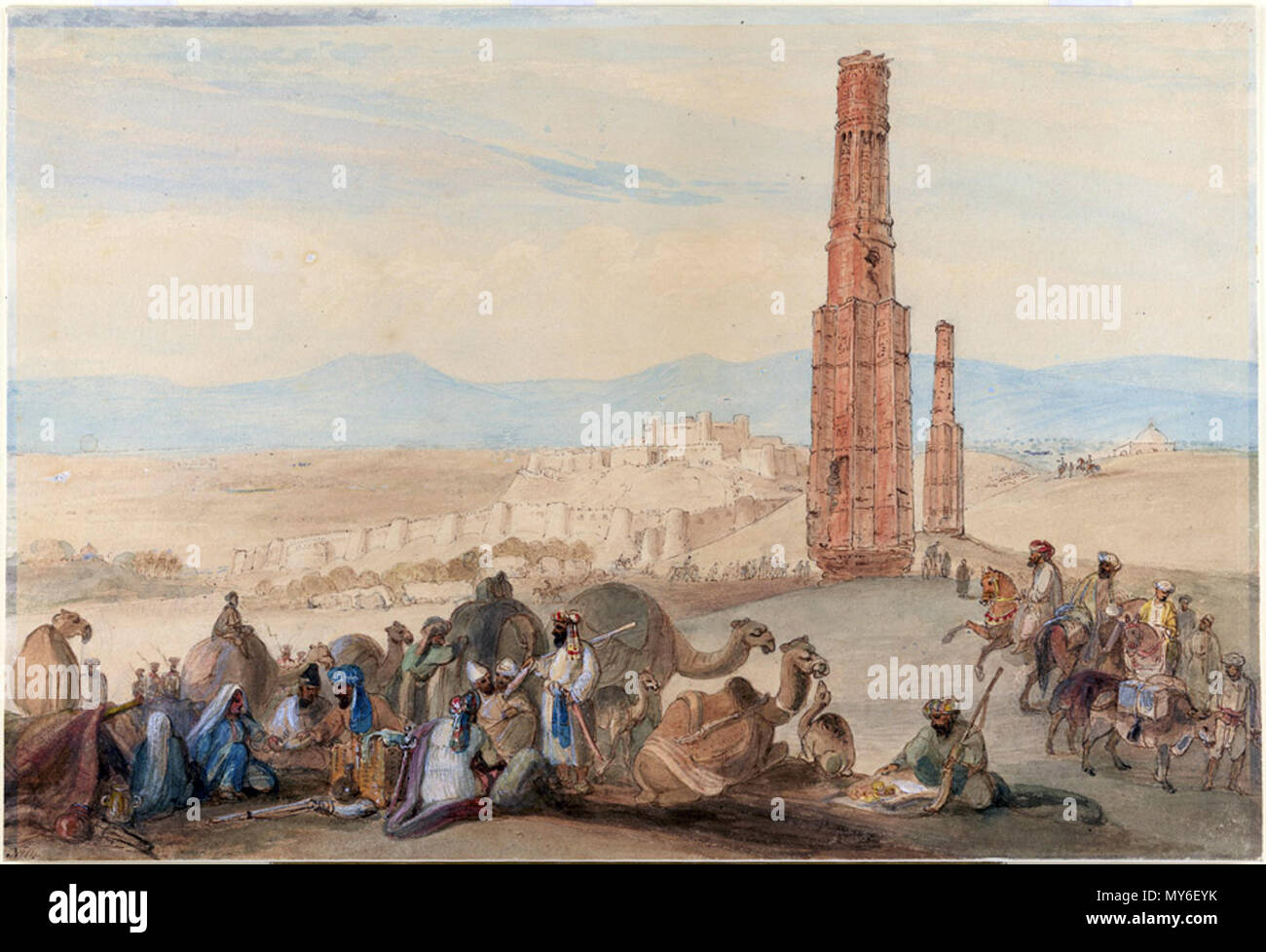 . Englisch: Die Festung und Zitadelle von Ghazni (Afghanistan) und die beiden minars, ein Gemälde von James Atkinson, c. 1839* (BL); Die minars konstruiert wurden von Bahram Shah (Anfang 1100). 1839. Atkinson 53 Atkinson 1839 Stockfoto