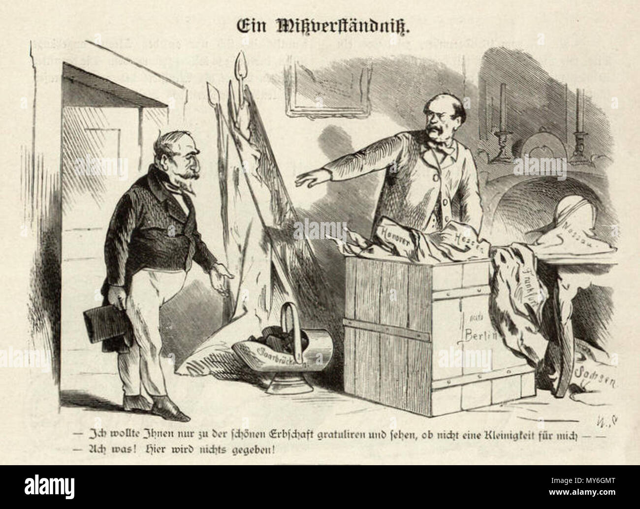 . English: Bismarck-Album des Kladderadatsch. "Ein Missverständnis." 1900 In sterben Hoffnung Napoleons III., nach dem Deutschen Krieg Saarbrücken annektieren zu können. Bismarck, dessen Preußen Hannover und andere Staaten'' ererbt hat, lehnt dies ab. 1866. Wilhelm Scholz 248 Httpdigi.ub.uni-heidelberg.dediglitklabismarck 18900044 Stockfoto
