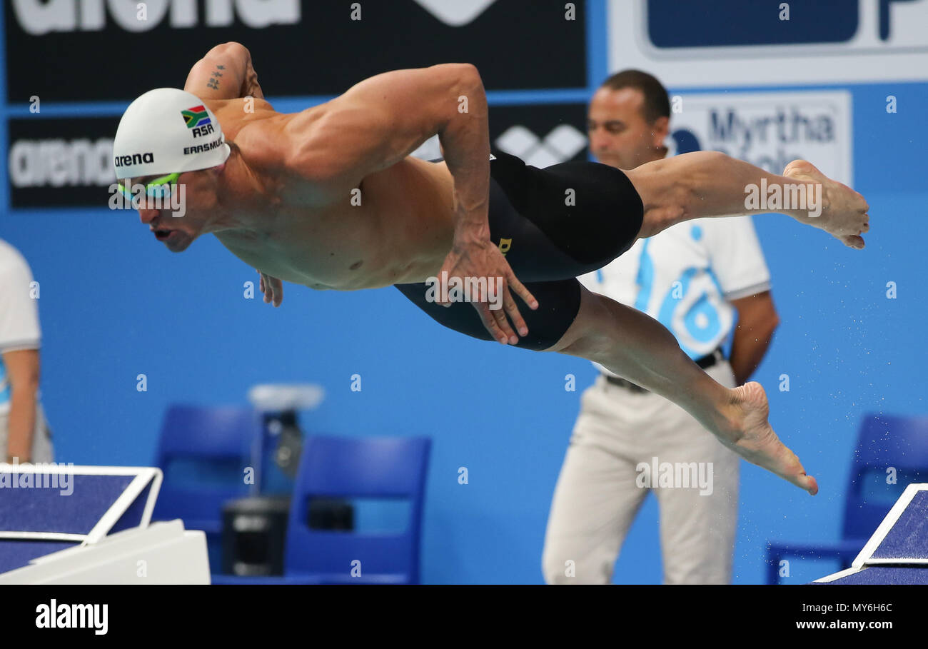 BUDAPEST, Ungarn - 23. Juli: Douglas Erasmus von Südafrika in den Vorläufen der mens 50 m Schmetterling bei Tag 10 der FINA Wm im Duna Arena am 23. Juli 2017 in Budapest, Ungarn. (Foto von Roger Sedres/ImageSA) Stockfoto