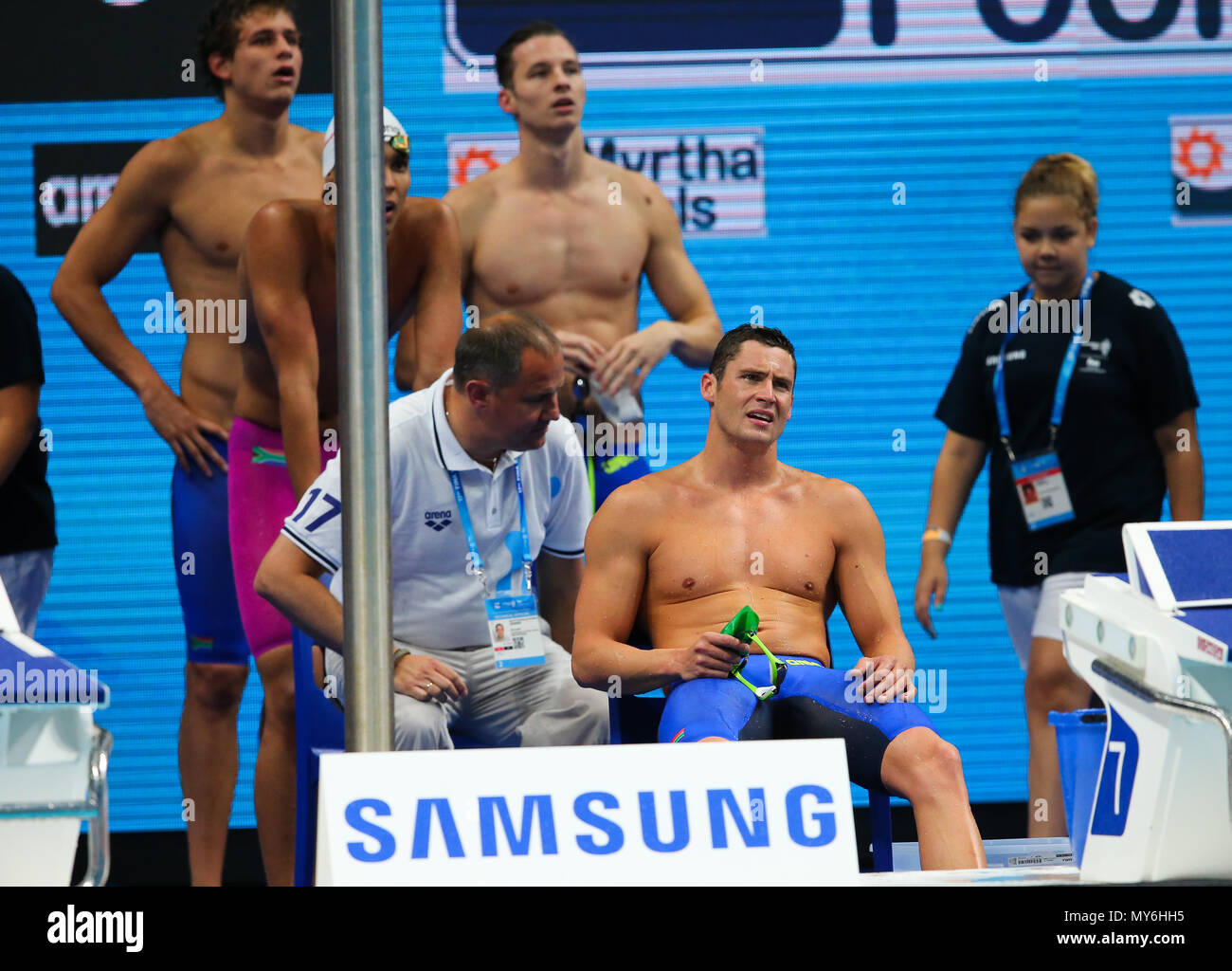 BUDAPEST, Ungarn - 23. Juli: Ein arg suchen Myles Braun von Südafrika während Tag 10 der FINA Wm im Duna Arena am 23. Juli 2017 in Budapest, Ungarn. (Foto von Roger Sedres/ImageSA/Gallo Bilder) Stockfoto