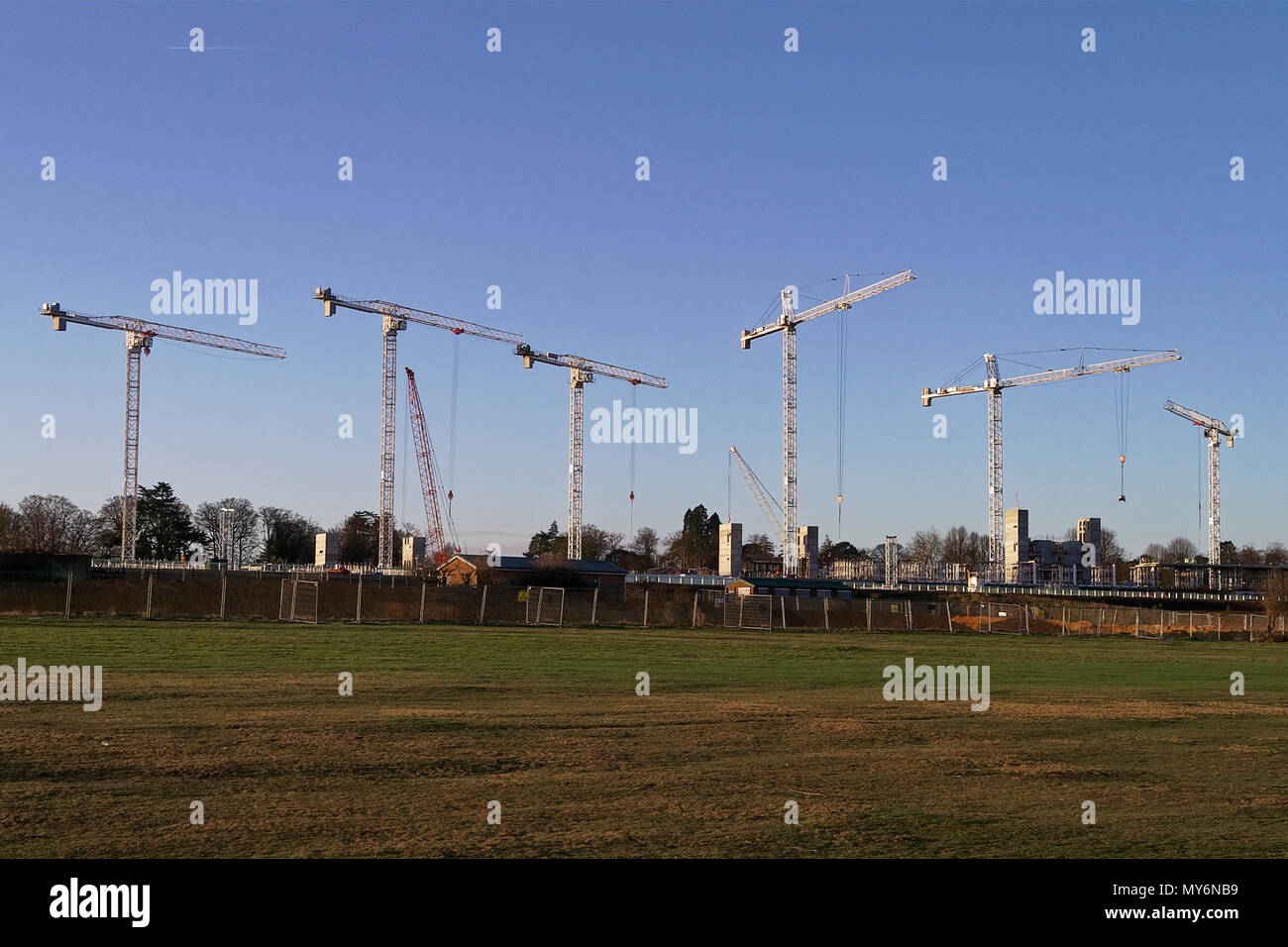 Schwere Hebezeuge & Turmdrehkrane bau Ascot Rennbahn Tribüne im Jahr 2005 Stockfoto