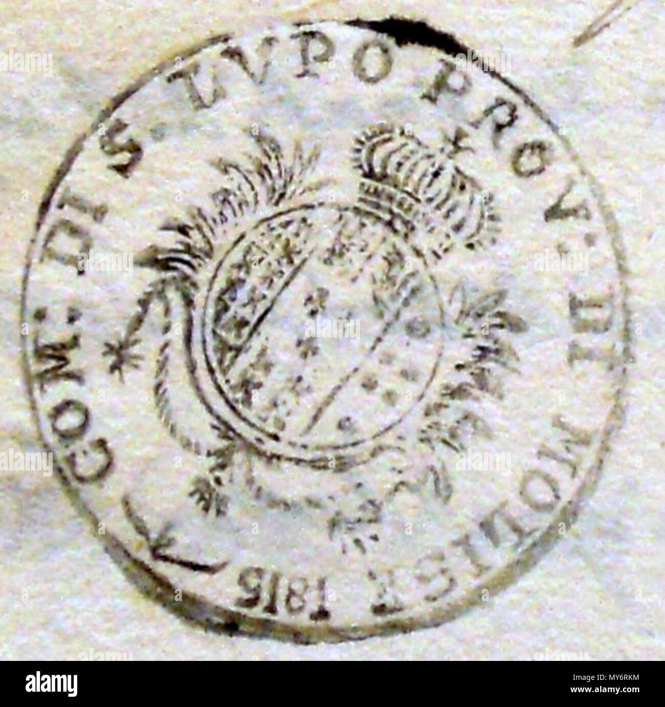 . Englisch: San Lupo Rathaus Stempel (1815) Italiano: Timbro del Comune di San Lupo del 1815, all'epoca in Cui il Paese era Parte della Provincia di Molise. 2 März 2013, 13:25:53. Comune di San San Lupo Lupo 473 Stempel Stockfoto