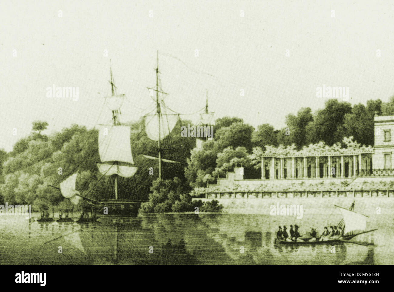 . English: Klein Gienicke Fregattenattrappe Veröffentlichung von Schinkel 1840. 3 Mai 2013, 10:42:02. Carl Friedrich Schinkel 1824 298 Klein Glienicke Schinkel Fregattenattrappe 1840 Stockfoto