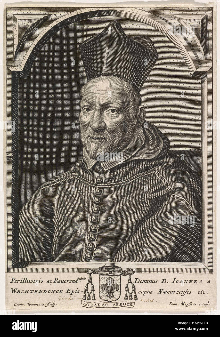 . Nederlands: Portret van Johannes Wachtendonck, Bisschop van Namen, met Birett op het hoofd. In de Marge zijn Wapen en een tweeregelig onderschrift in het Latijn. Tiefdruck, oorspr. Afm. 170 x 118 mm. prentmaker: Coenraet Waumans (vermeld op Objekt) (Antwerpen 19-Jun-1619-na 1652) uitgever: Joannes Meyssens (vermeld op Objekt) (Brussel 17-mei-1612-Antwerpen 18-Sep-1670). 13 Juni 2013, 13:32:33. Coenraet Waumans 275 JoannesDeWachtendonckRP-P -1906-753 Stockfoto