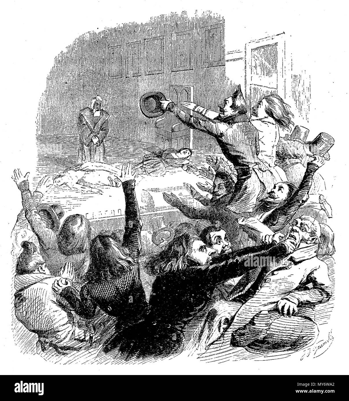 . Englisch: Die Schlacht von Hernani. Englisch: Die Schlacht von HernaniHernani, das Drama der Französischen romantischen Schriftsteller Victor Hugo, am besten heute noch für die Demonstrationen, die die Premiere, die in Paris am 25. Februar 1830 eröffnete begleitet erinnert. . 1830 549 Victor Hugo-Hernani (1) Stockfoto