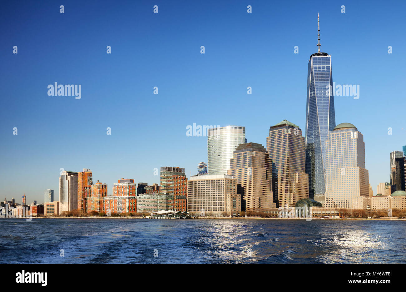 Die Innenstadt von New York Skyline Panorama vom Liberty State Park, USA Stockfoto