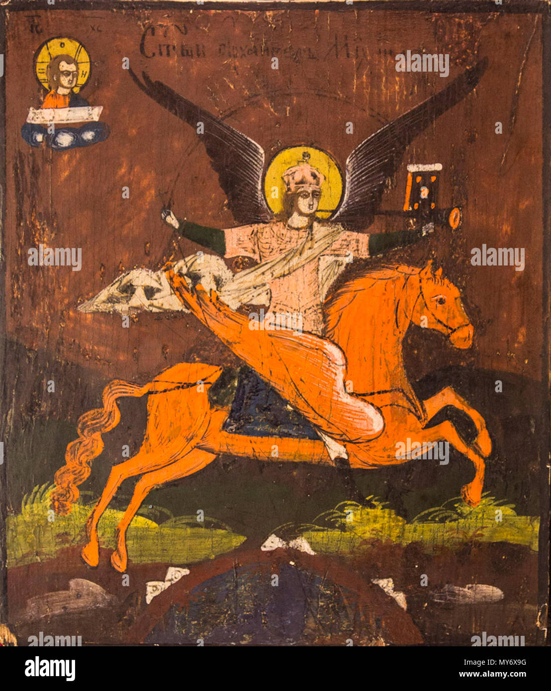 . Русский: Архангел Михаил (сузунская икона середины XIX века). Mitte des XIX C.. ANONIMUS 49 Arkhangel Michail (Suzun 19. c.) Stockfoto