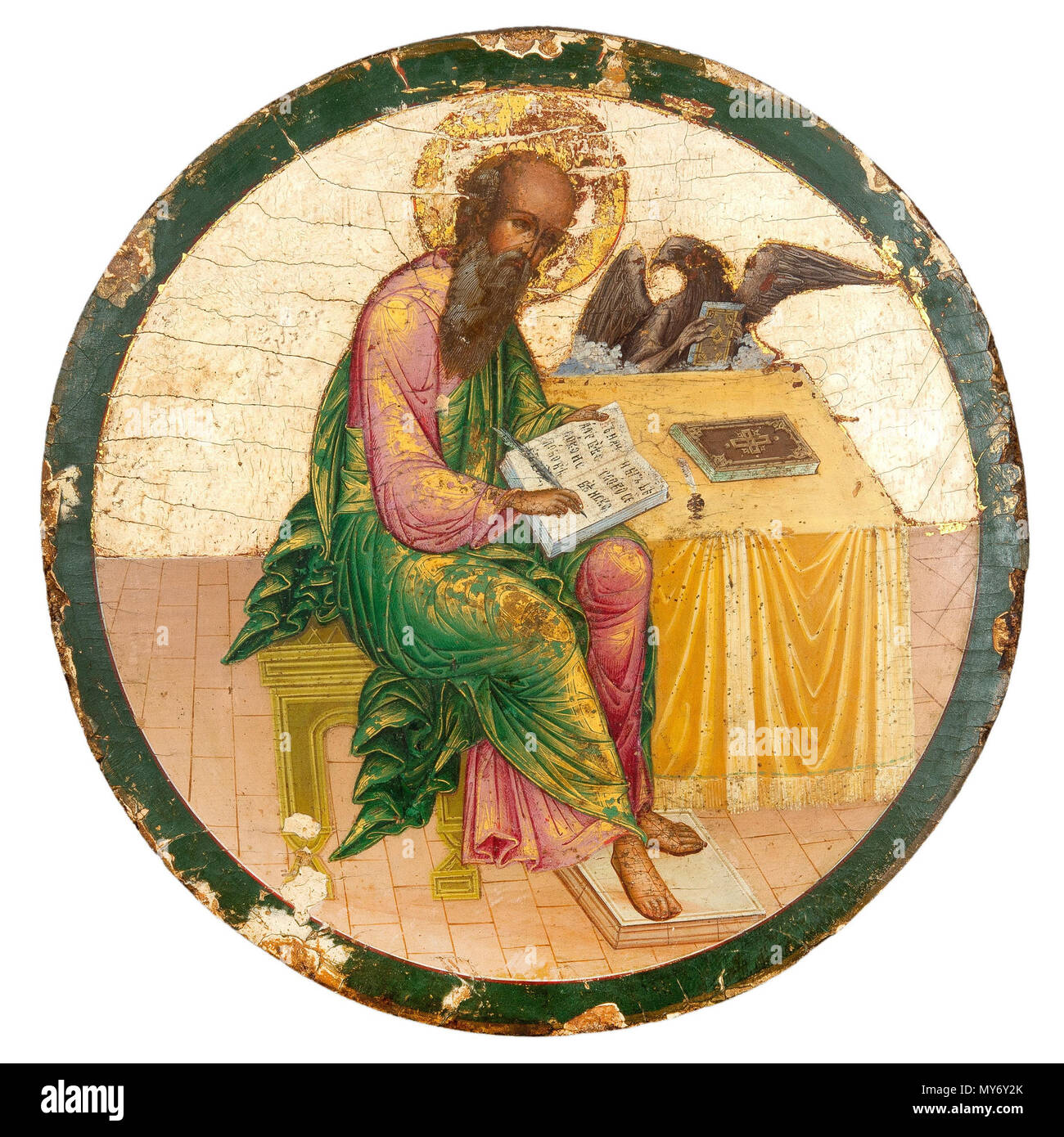 . Englisch: Johannes der Evangelist. Tempera auf woodpanel. Russland Anfang des 19. Jahrhunderts. Durchmesser 30 cm. Русский: ИКОНА. "СВЯТОЙ ЕВАНГЕЛИСТ ИОАНН'. 19 в Начало. Россия. Темпера, доска. Клеймо Царских врат. Диаметр 30 См. Anfang des 19. Jahrhunderts. Unbekannt 280 Johannes der Evangelist russische Ikone Stockfoto