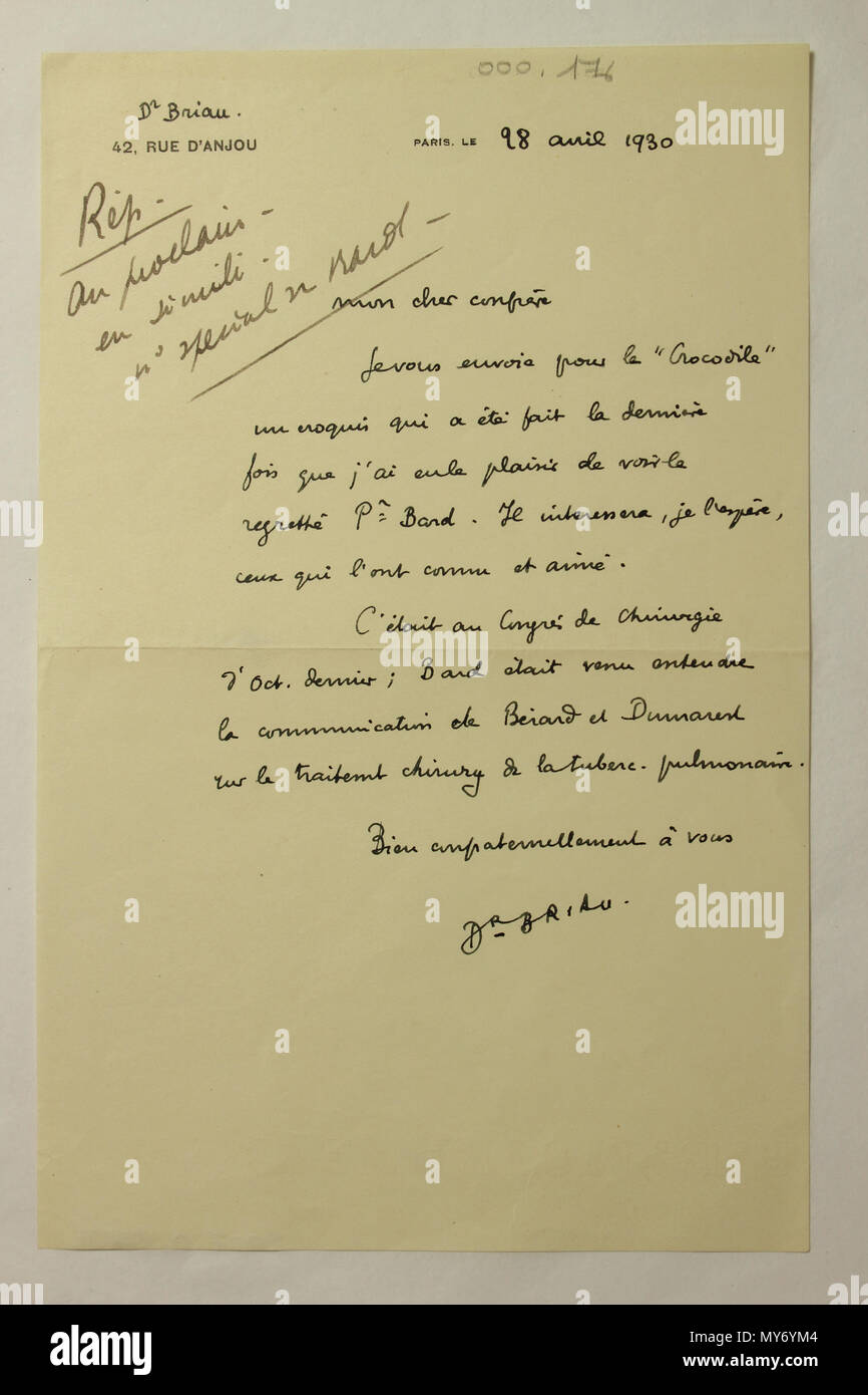 63 Lettre d'Eugène Briau au Docteur Jean Duclos à propos d'une Karikatur du Professeur Bard Stockfoto