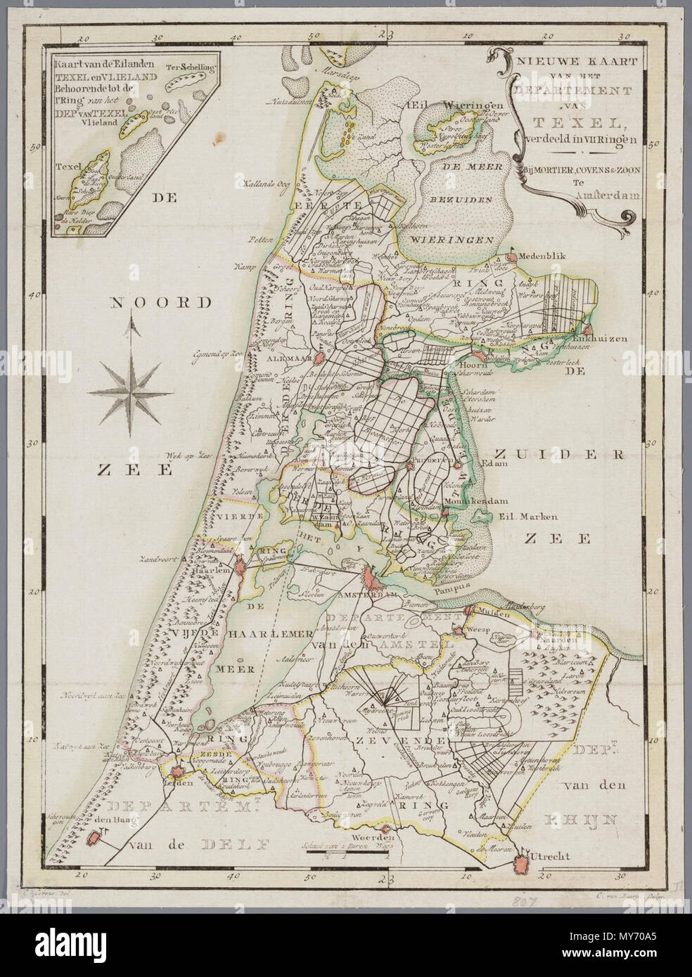 Noord Holland 1799. "Nieuwe kaart van het Departement van Texel verdeeld in VII ringen". Linksboven: "Kaart van de en Eilanden Texel Vlieland behoorende tot de1 e-ring van het Departement Texel". Vervaardiger: Baarsel, C. van Catalogusnummer: PR 1003183 Stockfoto