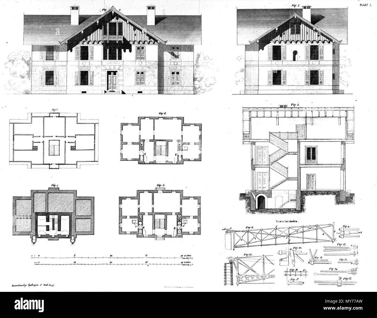 . Nederlands: Landhuis in Bad Vöslau. 1842. Karl Etzel 84 Bouwkundige Bijdragen vol001 Herrenhaus von Karl Etzel Stockfoto
