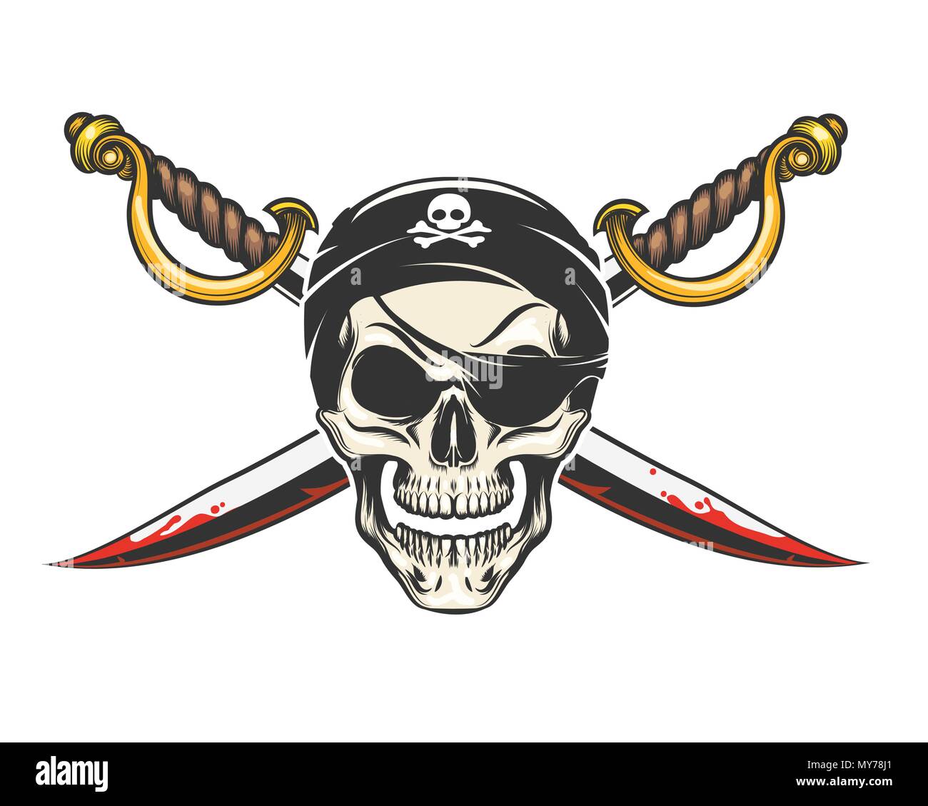 Lächelnd menschlicher Schädel und gekreuzte Säbel in Tattoo Stil gezeichnet. Vektor Illuistration. Stock Vektor