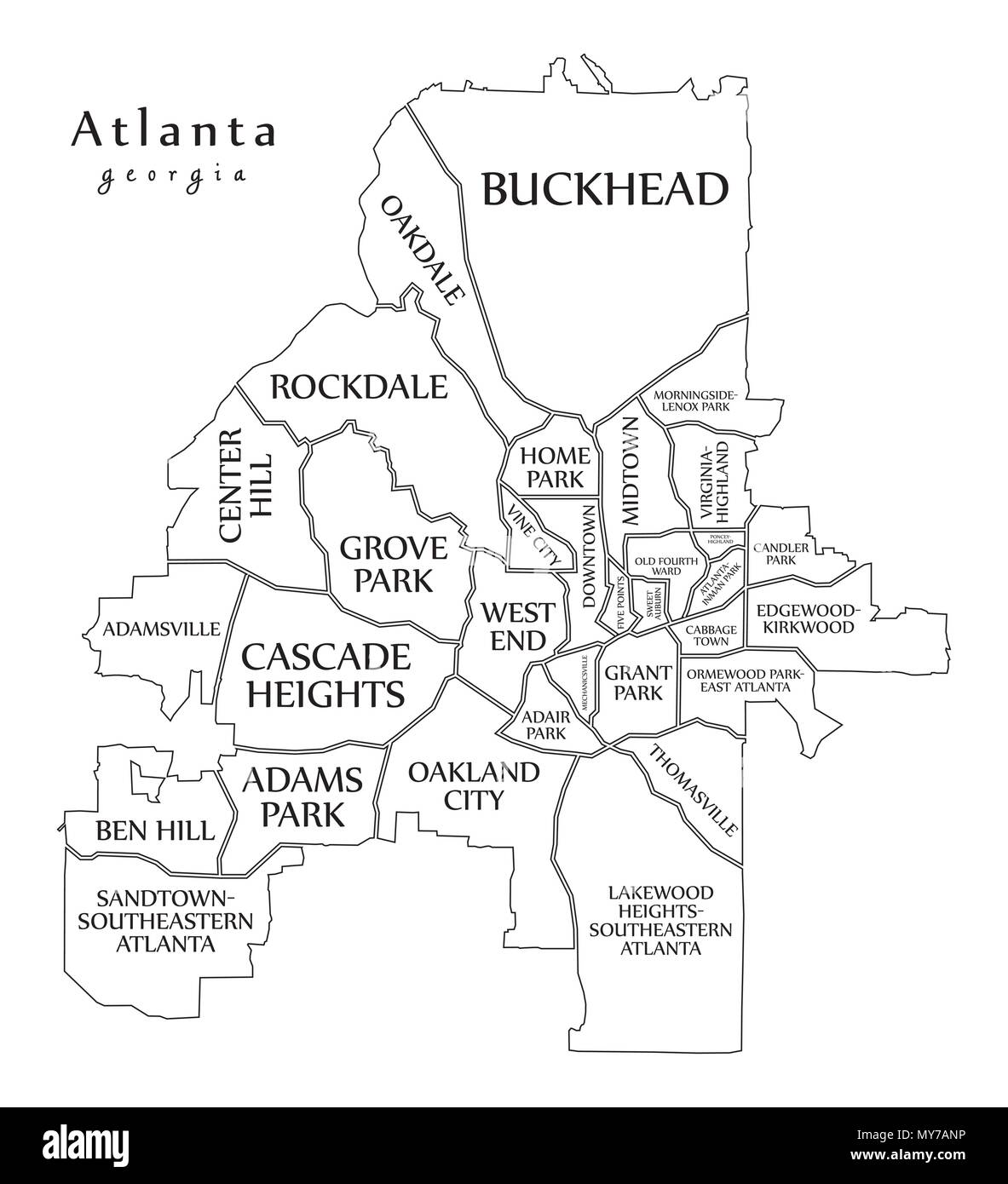Moderne Stadtplan - Atlanta Georgia Stadt der USA mit Nachbarschaften und Titel Übersichtskarte Stock Vektor