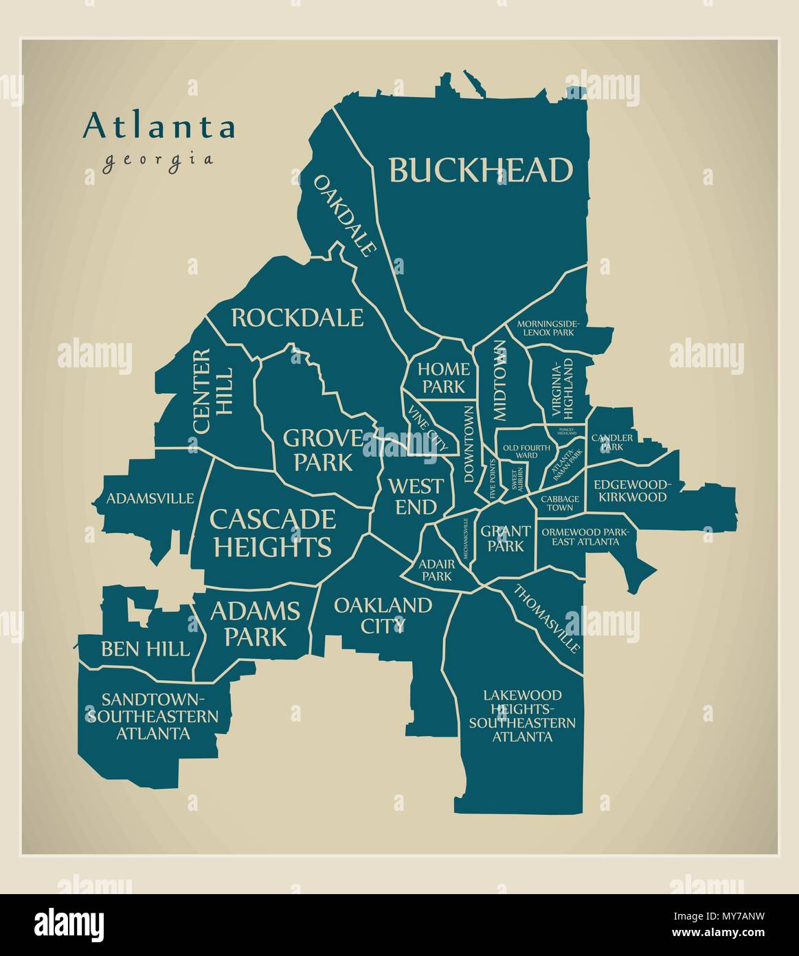 Moderne Stadtplan - Atlanta Georgia Stadt der USA mit Nachbarschaften und Titel Stock Vektor