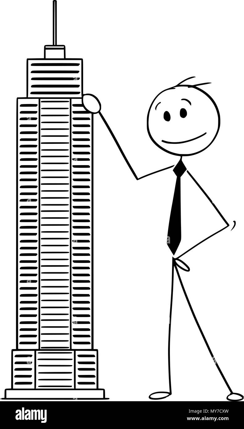 Cartoon von Mann oder Geschäftsmann stehend mit Hochhaus Gebäude Modell Stock Vektor
