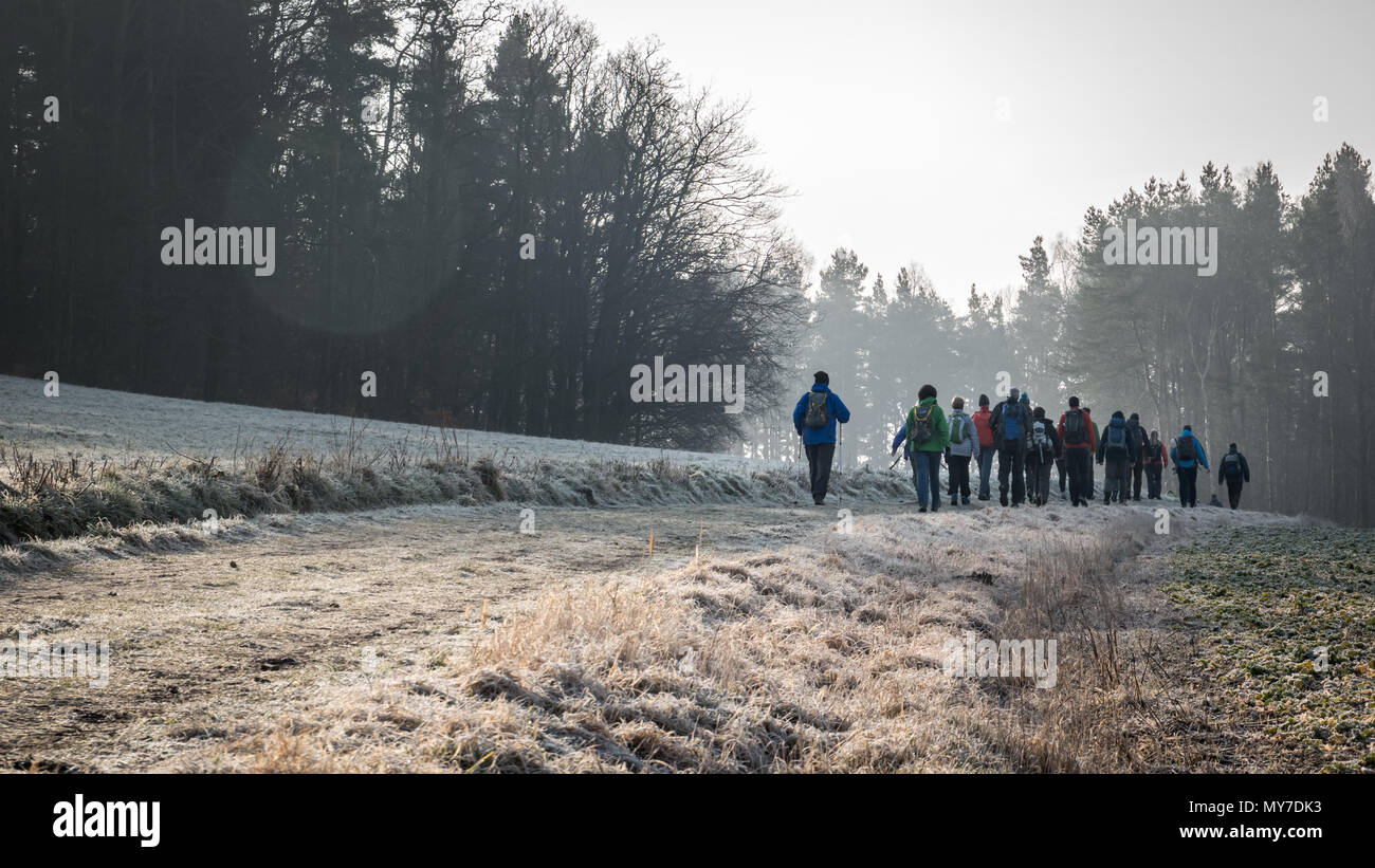 Der frühe Frühling Morgen: Gruppe der Wanderer das Überschreiten eines noch gefroren Weide auf der jährlichen Bergtest (Wanderung). (Deutschland) Stockfoto