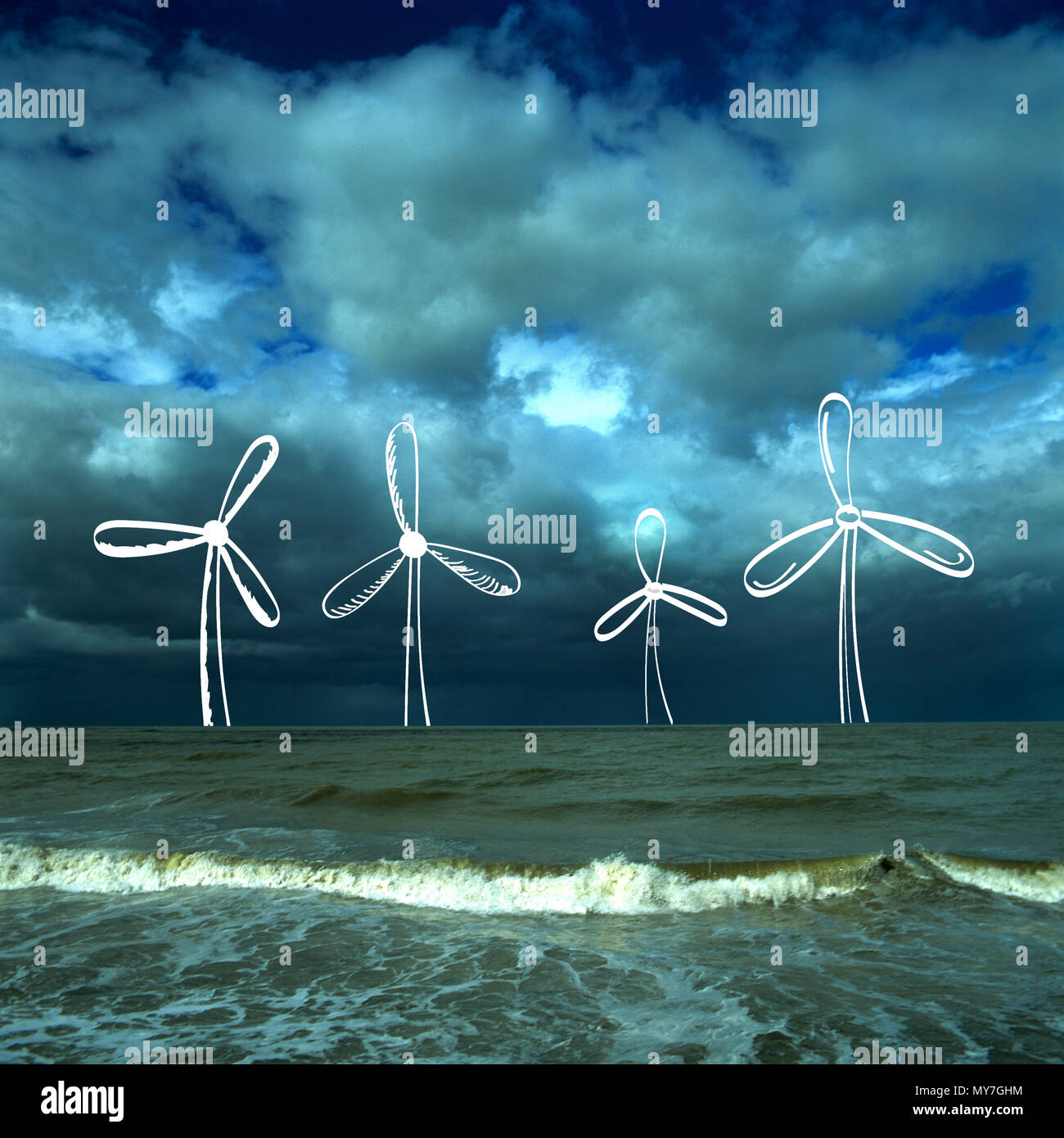 Konzept Windenergieanlage Vertretung im Meer Stockfoto