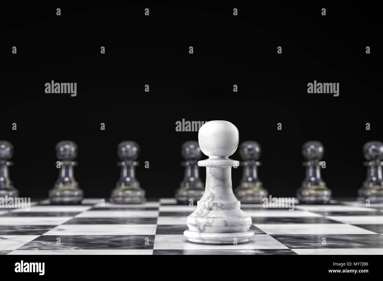 3D-Render von weißen und schwarzen Marmor schach Schachfiguren - ein weißer Bauer statt acht schwarze Bauer auf Schachbrett auf schwarzem Hintergrund Stockfoto