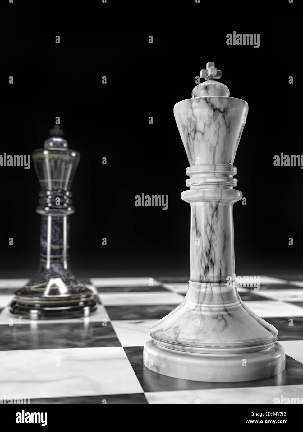 3D-Render von weißen und schwarzen Marmor schach Könige stehen auf Schachbrett einander gegenüber auf schwarzem Hintergrund Stockfoto