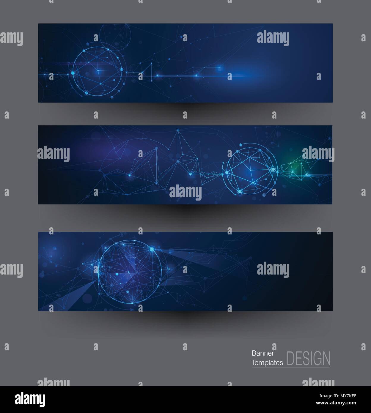 Abbildung: Banner, abstrakte Moleküle mit Kreisen, Linien, geometrische, Polygon. Vektor Design Netzwerk Kommunikation auf dunkelblauem Hintergrund. Fut Stock Vektor