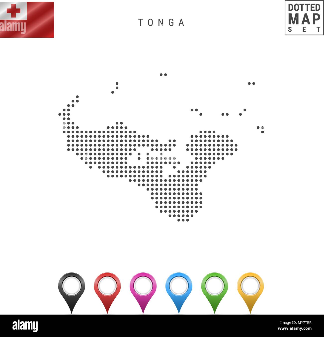 Vektor gepunktete Karte von Tonga. Einfache Silhouette von Tonga. Die Nationalflagge von Tonga. Eingestellt von bunten Karte Markierungen Stock Vektor