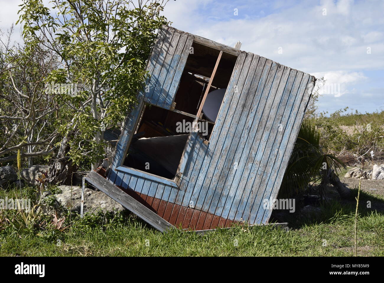 Hurricane Matthäus 2016 Sturmschäden, West End Grand Bahama Island, Bahamas, verfallene Häuser. Stockfoto