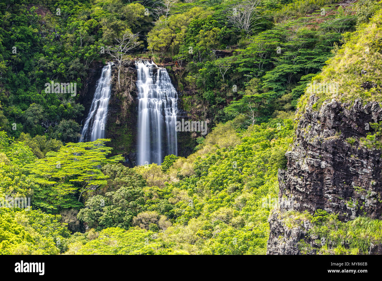 Lange Exposition der Aussichtspunkt für Opaekaa Falls in Kauai, Hawaii Stockfoto