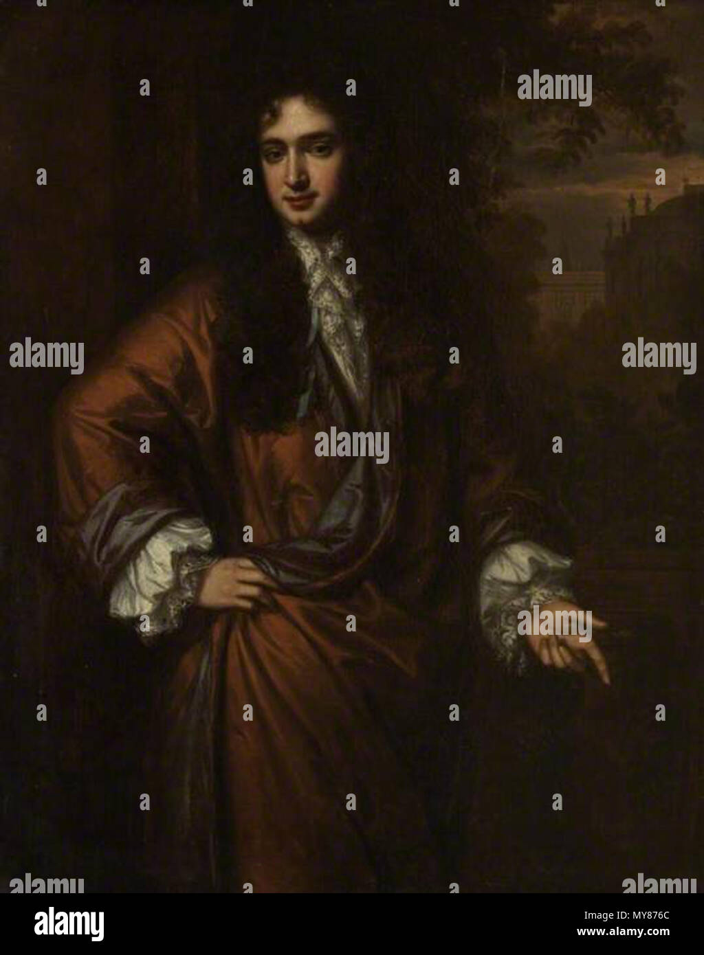 . Englisch: Portrait von John Wilmot, Lord Rochester. Drei viertel länge, trug eine braune Robe über einem weißen Hemd. 17. Jahrhundert. Jakob Huysum 280 John Wilmot, 2. Earl of Rochester zugeschrieben Stockfoto