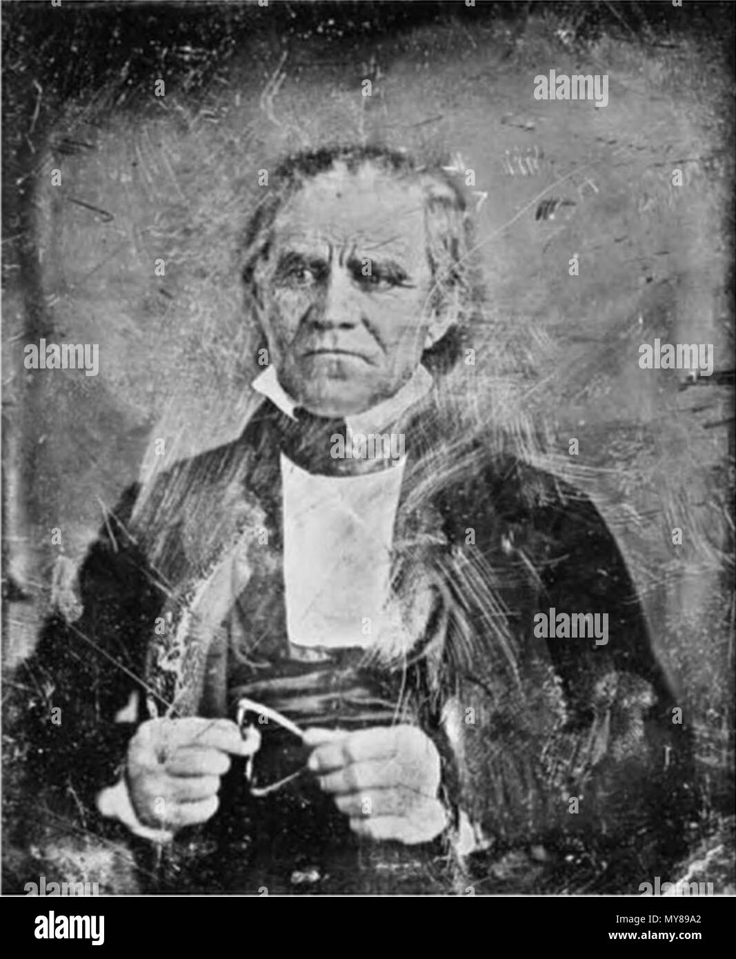 . Deutsch: Das genaue Datum, Polk setzte für diese daguerreotypie ist unklar, aber seine haggard Aussehen und dünnes Haar zeigen, dass es spät war in seiner Amtszeit oder vielleicht in den Monaten nach verließ er oflice. Einen Buchstaben Schriftsteller, Polk im Sommer 1847 sah, beschrieb seine 'ermüdet und Riverside-flügel Gestalt, die mich - gedacht, die Herzen einiger seiner heftigsten Gegner könnte" (Sandweiss, Augenzeuge zu Krieg, 241). Daguerreotype mit angewendete Farbe, Ca. 1847-49. Amon Carter Museum der amerikanischen kunst, Fort Worth. Texas, P 1981.65. n. Mit der angewandten Färbung Daguerreotype, 6-Platte, C. Stockfoto