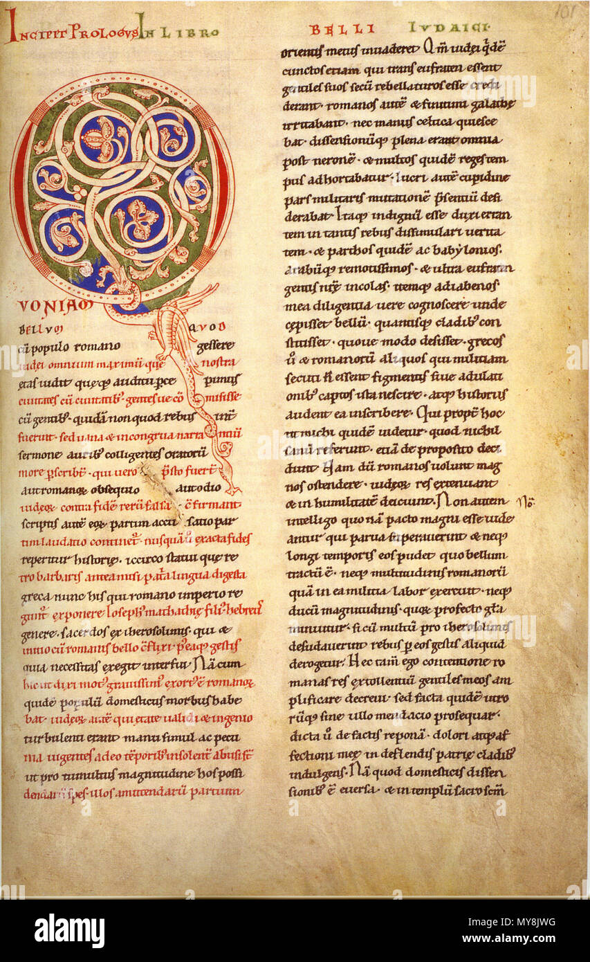 . Englisch: Josephus, der Jüdische Krieg (Anfang) in lateinischer Übersetzung in ms an. Köln, Dombibliothek, 163, fol. 101 r. English: Flavius Josephus, jüdischer Krieg (Anfang) in lateinischer Übersetzung in der Dombibliothek Köln, Handschrift, 163, fol. 101 r. 12. Jahrhundert. 181 Flavius Josephus Flavius Josephus, der Jüdische Krieg, Köln, Ms 163 Stockfoto