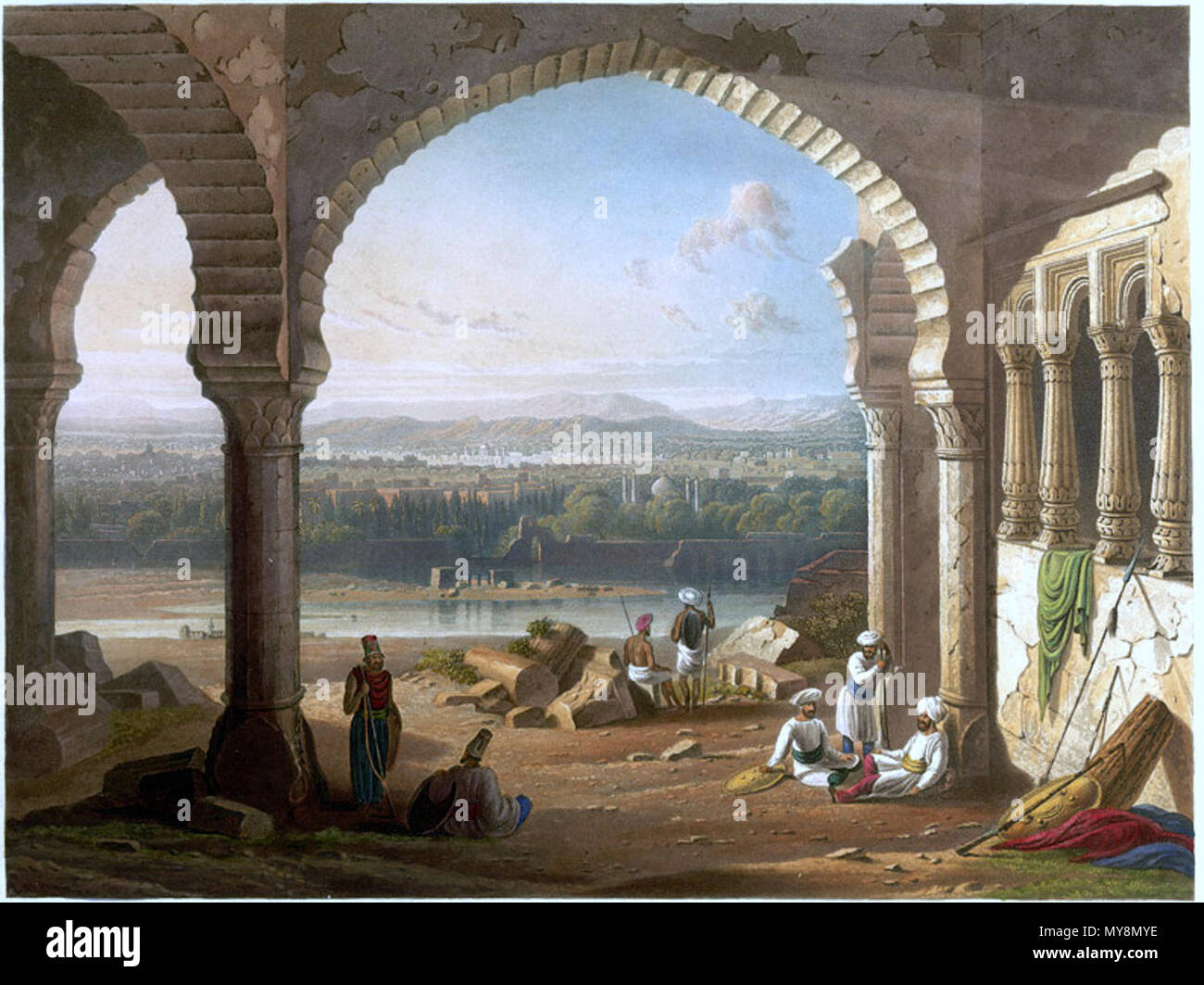 . Englisch: Diese Platte zeigt eine Fernsicht von Aurangabad, das war das Zentrum der lokalen Regierung und der Hauptsitz für die Truppen der Nizam von Hyderabad, selbst nachdem er von dort im Jahr 1811 verschoben. Grindlay erklärt: "Die Fläche aus der palastruine gesehen Begumpura genannt wurde, oder einem Viertel der Dame, und wurde nach Aurungzebe's Tochter, die dort begraben wurde. Die Kuppel und Minaretten von ihrem Grab in der Mitte rechts.". 1830. Purser, William 56 Aurangzebs Palace Stockfoto