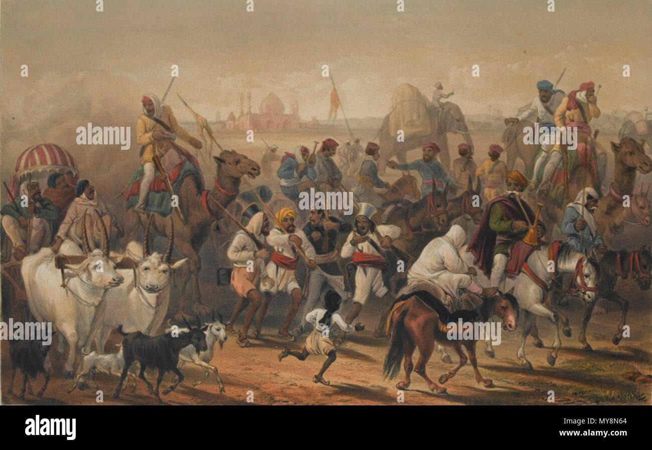 . Englisch: die Truppen der Alliierten, 1857-1858 (c). Farbige Lithographie aus "Die Kampagne in Indien 1857-58', eine Serie von 26 farbigen Lithographien von William Simpson, E Walker und andere, nach G F Atkinson, veröffentlicht durch Tag und Sohn, 1857-1858. Obwohl der bengalischen Armee fiel während der indischen Meuterei (1857-1859), im Osten Indiens Unternehmen Madras und Bombay Armeen relativ unberührt waren und andere Regimenter, einschließlich der Sikhs, Punjabi Moslems und Gurkhas, treu geblieben, zum einen aufgrund der Furcht vor einer Rückkehr zur Mughal Richtlinie. Sie hatten auch wenig gemein mit den Hindu sepoys der Bengalen Stockfoto