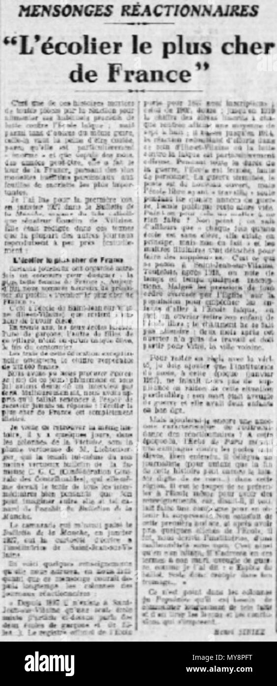 . Français: Extrait du Journal Le Populaire n° 2133 du 7 Dezember 1928 à propos de L'écolier le plus cher de France", polémique à propos de l'Ecole Publique de Saint-Jean-sur-Vilaine. 4 November 2016, 05:29:58. Anonym 470 Saint-Jean-sur-Vilaine Ecole Le populaire Stockfoto