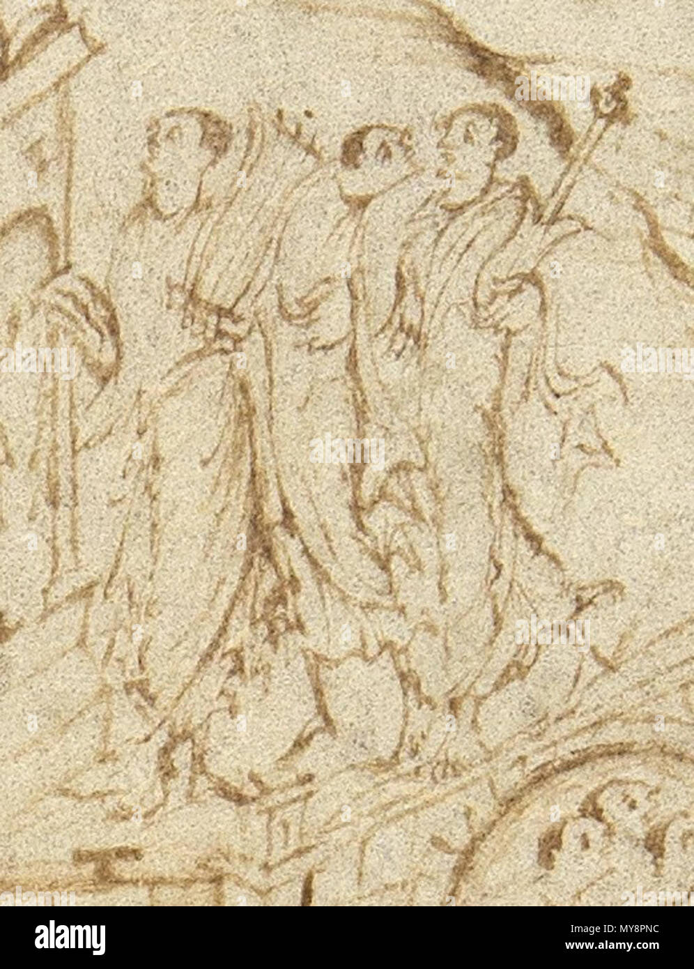 . Englisch: Clipping von Utrecht Psalter, die Männer halten eine cythara (rechts) und Harfe oder kithara, Lyra. Die Darstellungen des cytharas im Utrecht-psalter haben als Beweis in der Encyclopaedia Britannica 1911, dass die Gitarre von Änderung der Kithara - Leier entwickelt wurde. 1. Januar 850. Unbekannt 543 Utrechts-Psalter PSALM-134Leier und Cythara Stockfoto