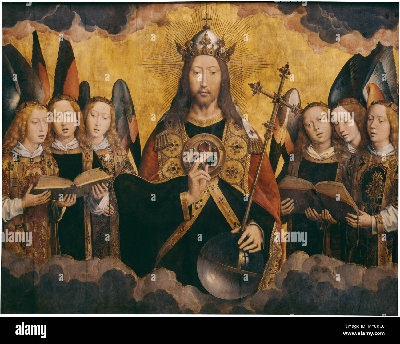 . Englisch: Christus mit singenden Engeln. Englisch: Center Panel des tryptich Christus mit Gesang und Music-Making Engel. Situation vor der Restaurierung 2001-2017. . 1480 s230 Hans Memling - Christus mit singenden Engeln - KMSKA 778 Stockfoto