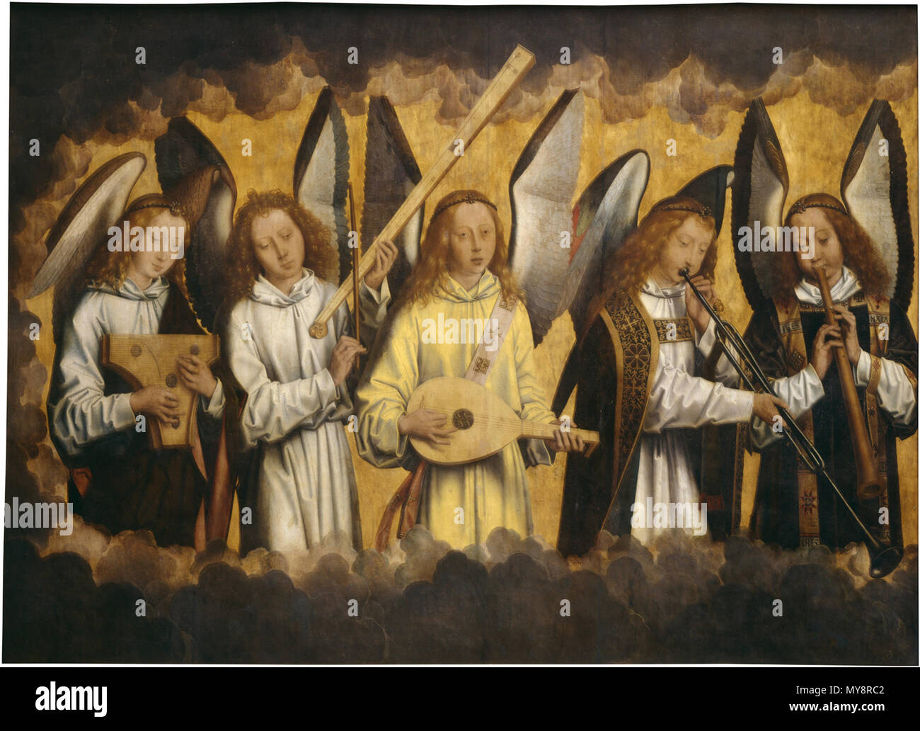 . Englisch: Music-Making Engel. Englisch: Linke Klappe der tryptich Christus mit Gesang und Music-Making Engel. Situation vor der Restaurierung 2001-2017. . 1480 s230 Hans Memling - Music-Making Engel - KMSKA 779 Stockfoto