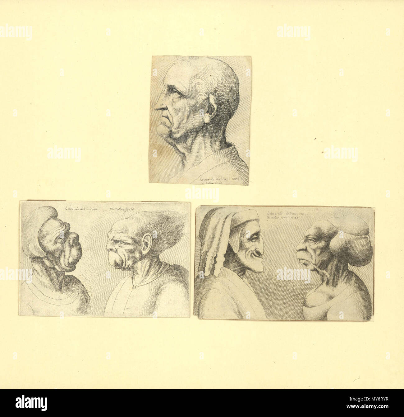 556 Václav Hollar, Karikatury mužů podle Leonarda da Vinci, 1645, lept, 7,1 x 11,2 cm Stockfoto