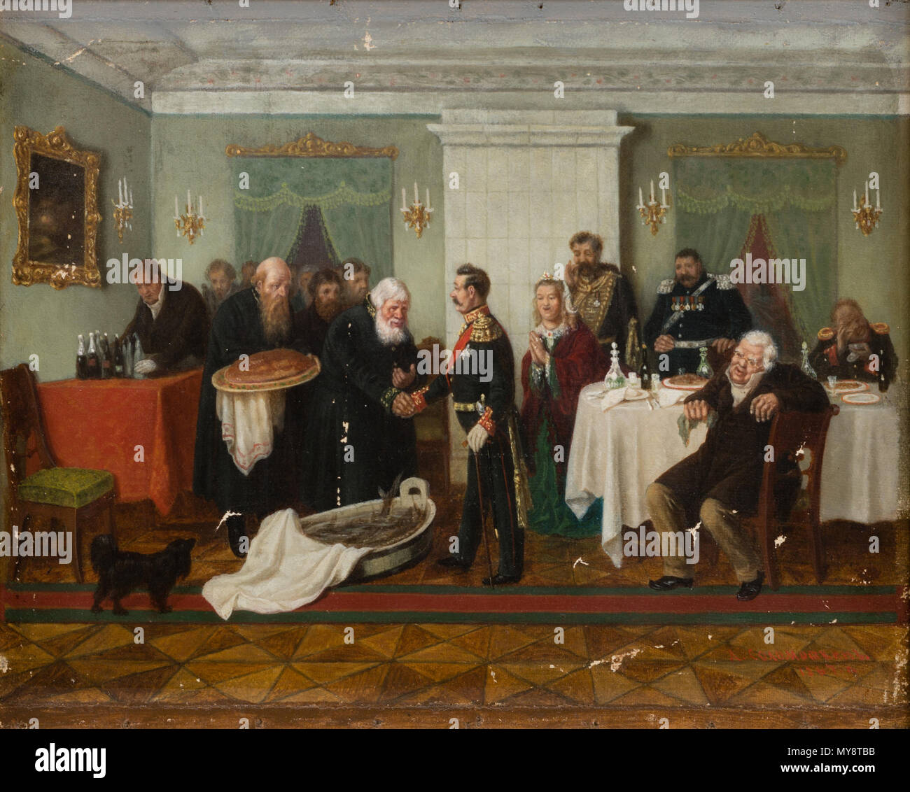 . Englisch: Begrüßung der öffentlichen Bediensteten. Öl auf Leinwand, 23 x 28 cm. Русский: Леонид Иванович Соломаткин. Поздравление начальника. 1867. X., м. 23 х28 См. Близкий вариант находится в этой композиции Художественной галерее города Ханты-Мансийск. 1867. Leonid Iwanowitsch Solomatkin 495 Solomatkin Begrüßung der öffentlichen Bediensteten Stockfoto