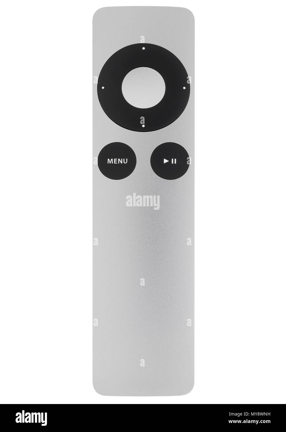 Apple TV-Fernbedienung auf weißem Hintergrund Stockfoto