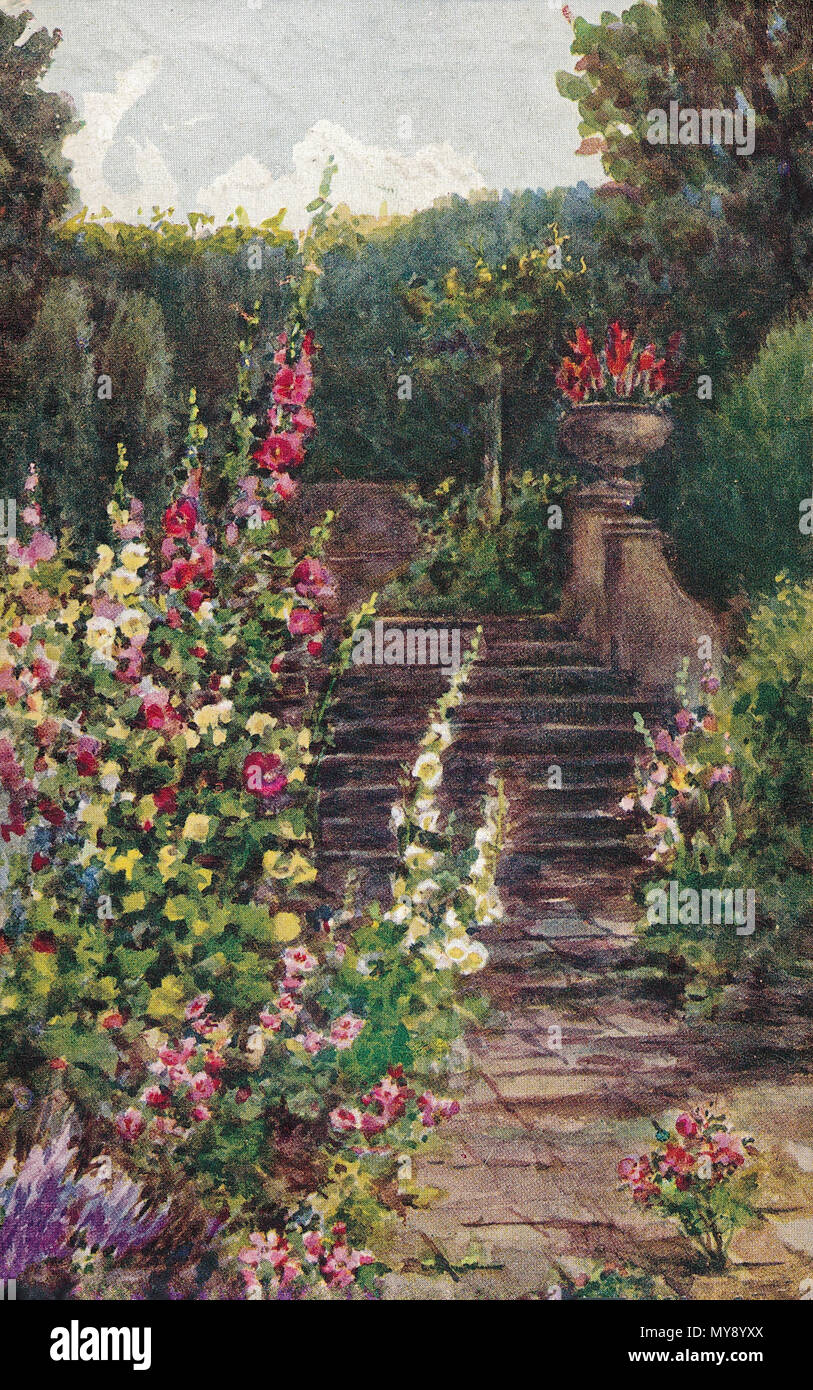 . Englisch: eine Postkarte Reproduktion von einem Aquarell von Annie Louisa Pressland (1862-1933), alternativ Ihre bevorzugte 'Miss Pressland', der Italienische Garten (a Sunken Garden) von Easton Lodge, wenig Easton, Essex, England. Miss Pressland, Wandsworth - geborene Maler, an der Slade School of Fine Art untersucht, und in der Gesellschaft von Frauen Künstler ausgestellt, dem Königlichen Institut für Maler in Wasser, Farben, die Londoner Salon und Galerien in Liverpool, Birmingham und Manchester. Ein Thema ihrer Arbeit war private Gärten, sie produzieren eine Serie von zehn Gemälde von Easton Lodge unter einer c Stockfoto