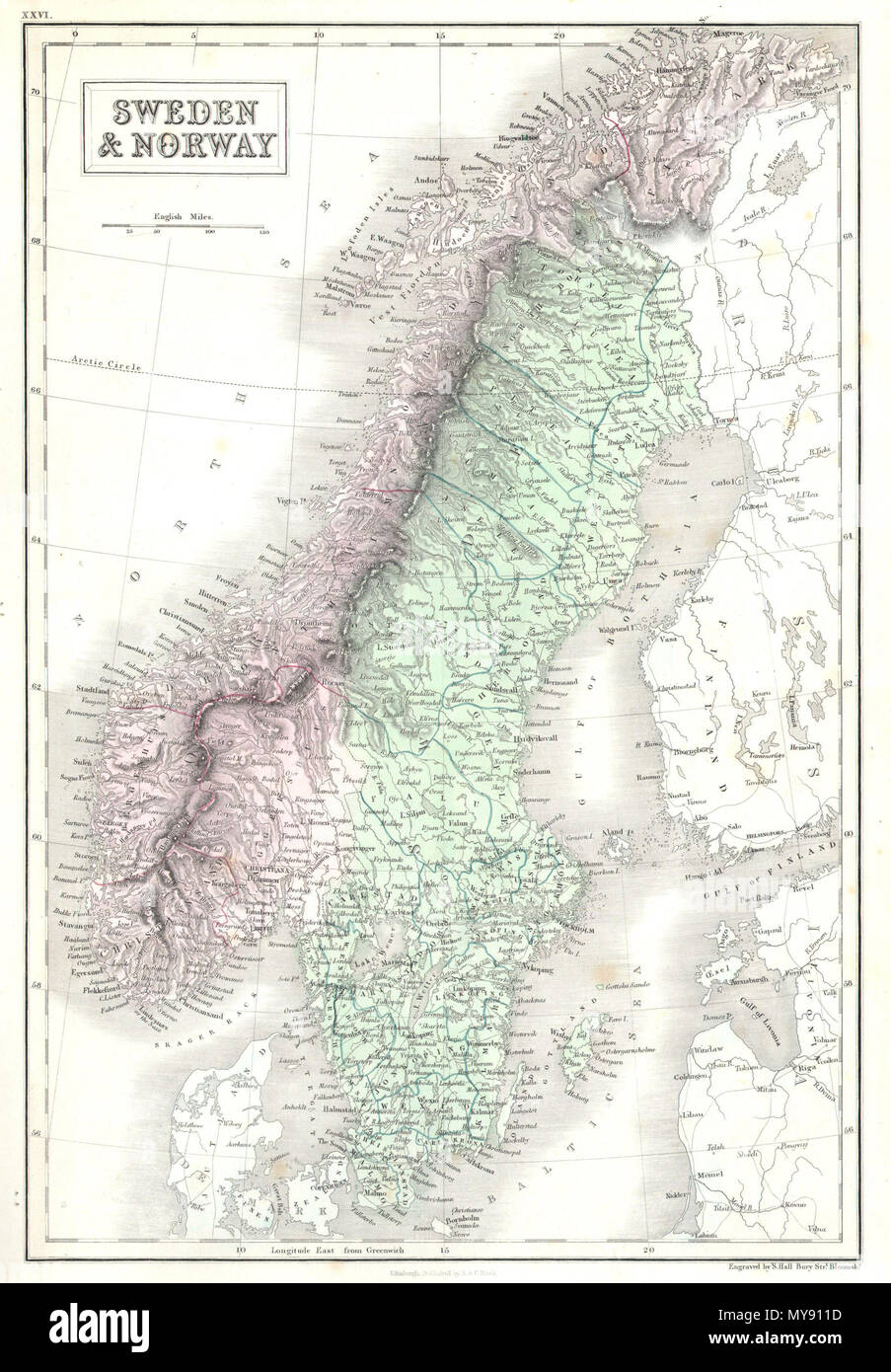 . Schweden und Norwegen. Englisch: Ein schönes Beispiel für Adam und Charles schwarze Karte von Skandinavien. Besteht aus den skandinavischen Staaten Norwegen und Schweden zusammen mit Teilen von Dänemark und Finnland. Feine original Hand Tönung in grün und lila Pastell. Von S. Hall für die Ausgabe 1851 der Schwarze General Atlas eingraviert. . 1851 (undatiert) 6 1851 Schwarze Karte von Norwegen und Schweden (Skandinavien) - Geographicus-norwegisch-schwarz-51 Stockfoto