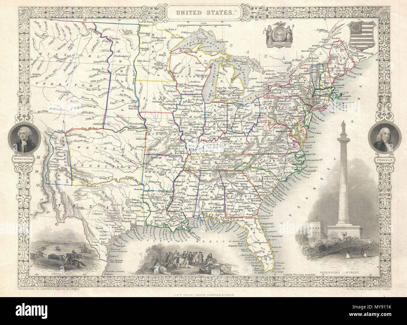 . In den Vereinigten Staaten. Englisch: Dies ist eine faszinierende 1851 Karte der Vereinigten Staaten durch die englische Karte und Atlas Verleger John Tallis und seine Stecher John rapkin. Deckt die Vereinigten Staaten aus und Santa Fe nördlich durch den Missouri Gebiet nach Kanada und im Osten an den Atlantik. Der Transport Region ist außergewöhnlich interessant mit einem faszinierenden (Wenn etwas noch zu der Zeit ungenau) Darstellung der politischen Geographie. Eine lange schmale Nebraska Gebiet erstreckt sich nach Kanada. Es gibt einen großen "westlichen Gebiet ungefähr, wo Oklahoma ist heute. Die wahrscheinlich interessanteste Element dieses Stockfoto